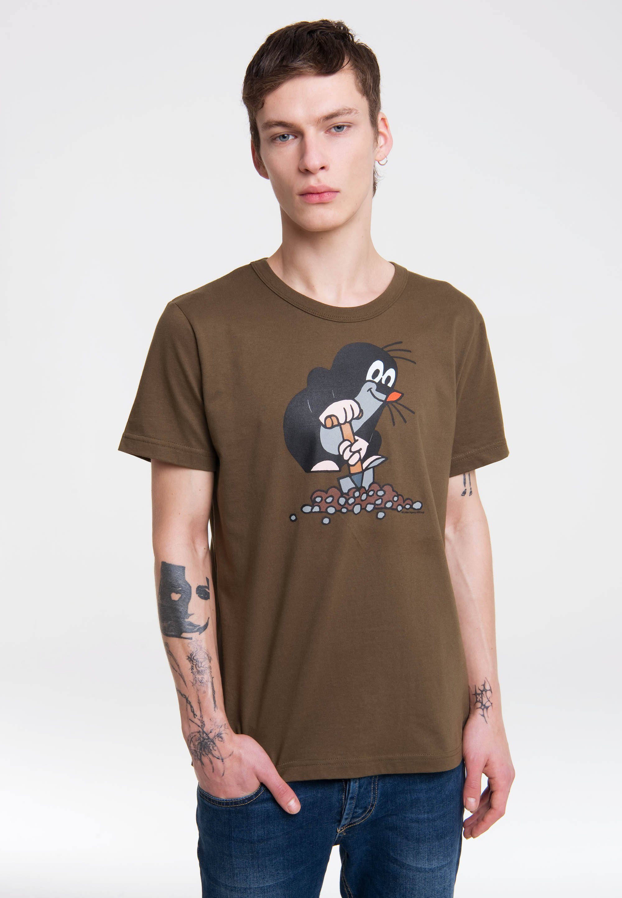 Der LOGOSHIRT T-Shirt mit kleine Originaldesign grün Maulwurf lizenziertem