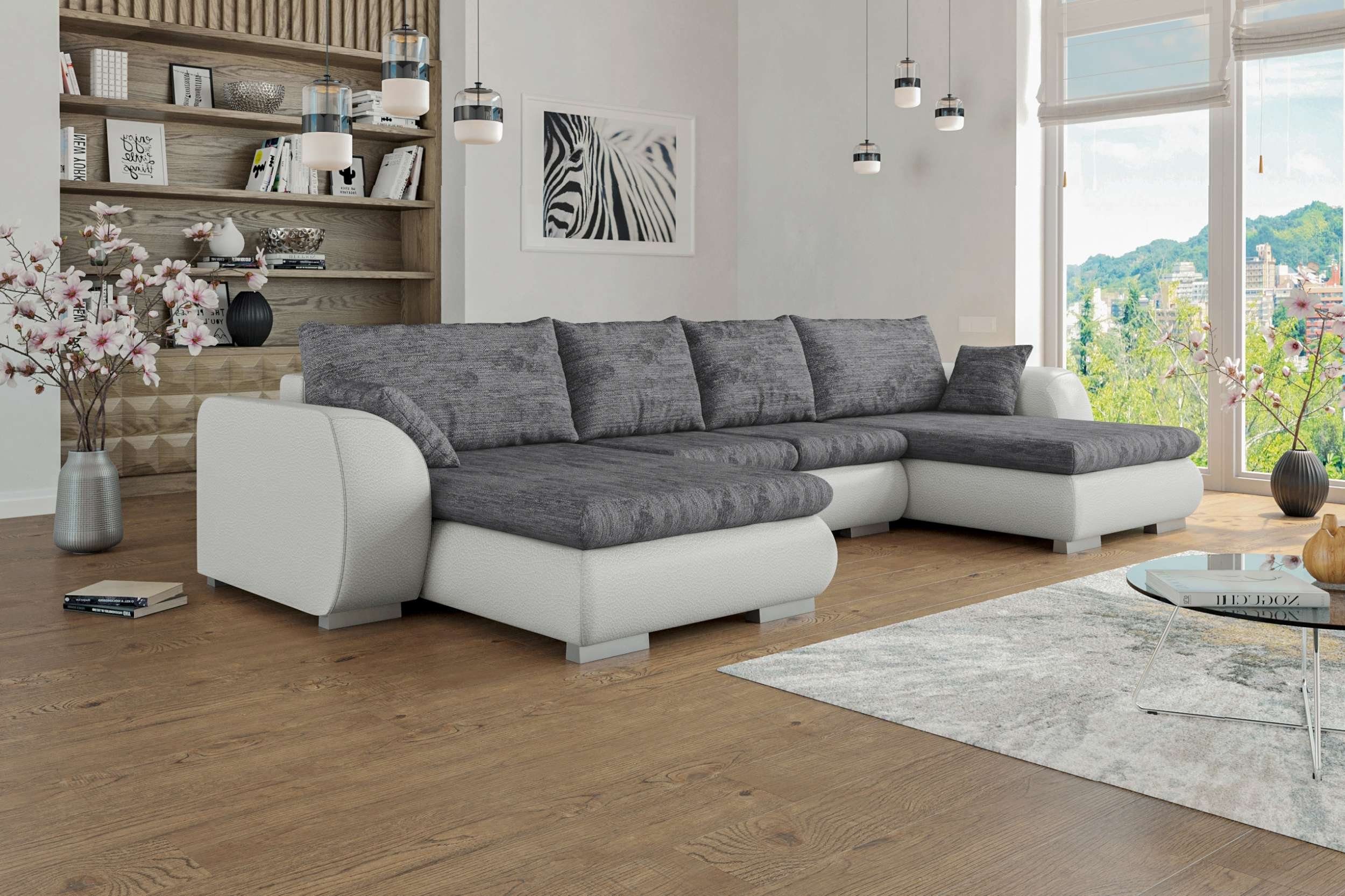 Wohnlandschaft frei mit Modern bestellbar, Stylefy links im oder stellbar, Design, Raum Wellenfederung mane Clemens, Sofa, Bettfunktion, U-Form, mit rechts