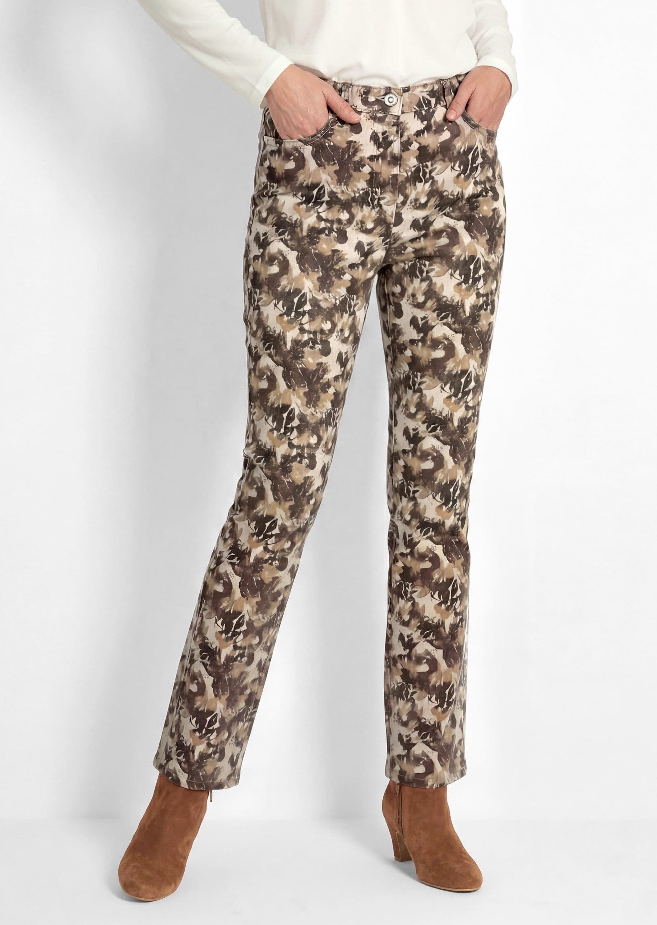 GOLDNER Stoffhose Druckhose LOUISA im Jeans-Look Schmale 5-Pocket-Hose aus Baumwollmix mit Formbund und Blätterprint