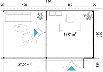 LASITA MAJA Gartenhaus DOMEO 10 GLETSCHERGRÜN/ANTHRAZIT, BxT: 890x590 cm, (Set), mit Anbau, Fundamentmass 4000+4500 x 4500, Gletchergrün