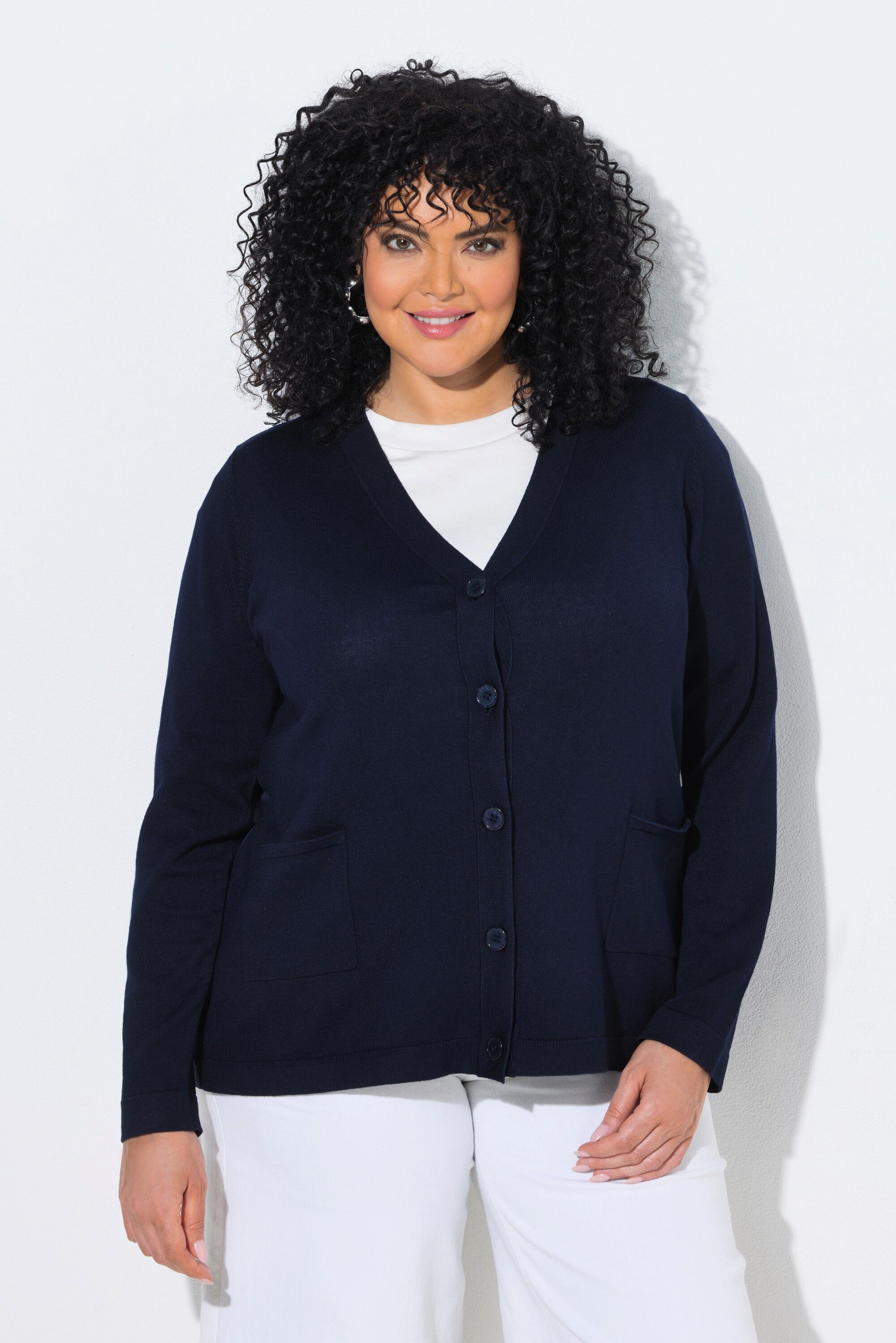 Ulla Popken Cardigan Strickjacke Popeline-Einsatz V-Ausschnitt Langarm