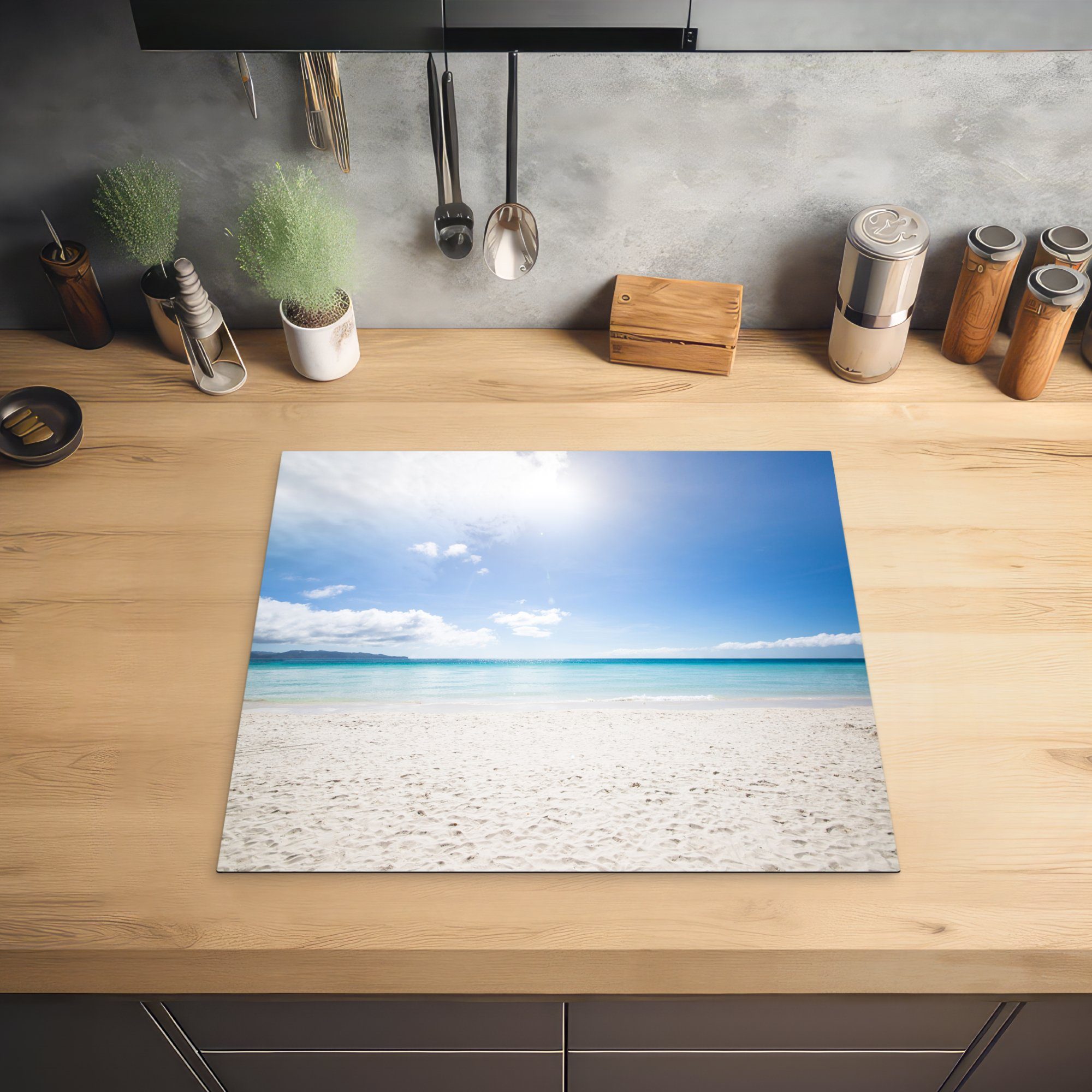 (1 59x52 cm, MuchoWow Insel Ceranfeldabdeckung Herdblende-/Abdeckplatte küche, für Vinyl, die Sonne, - tlg), - Induktionsmatte Strand