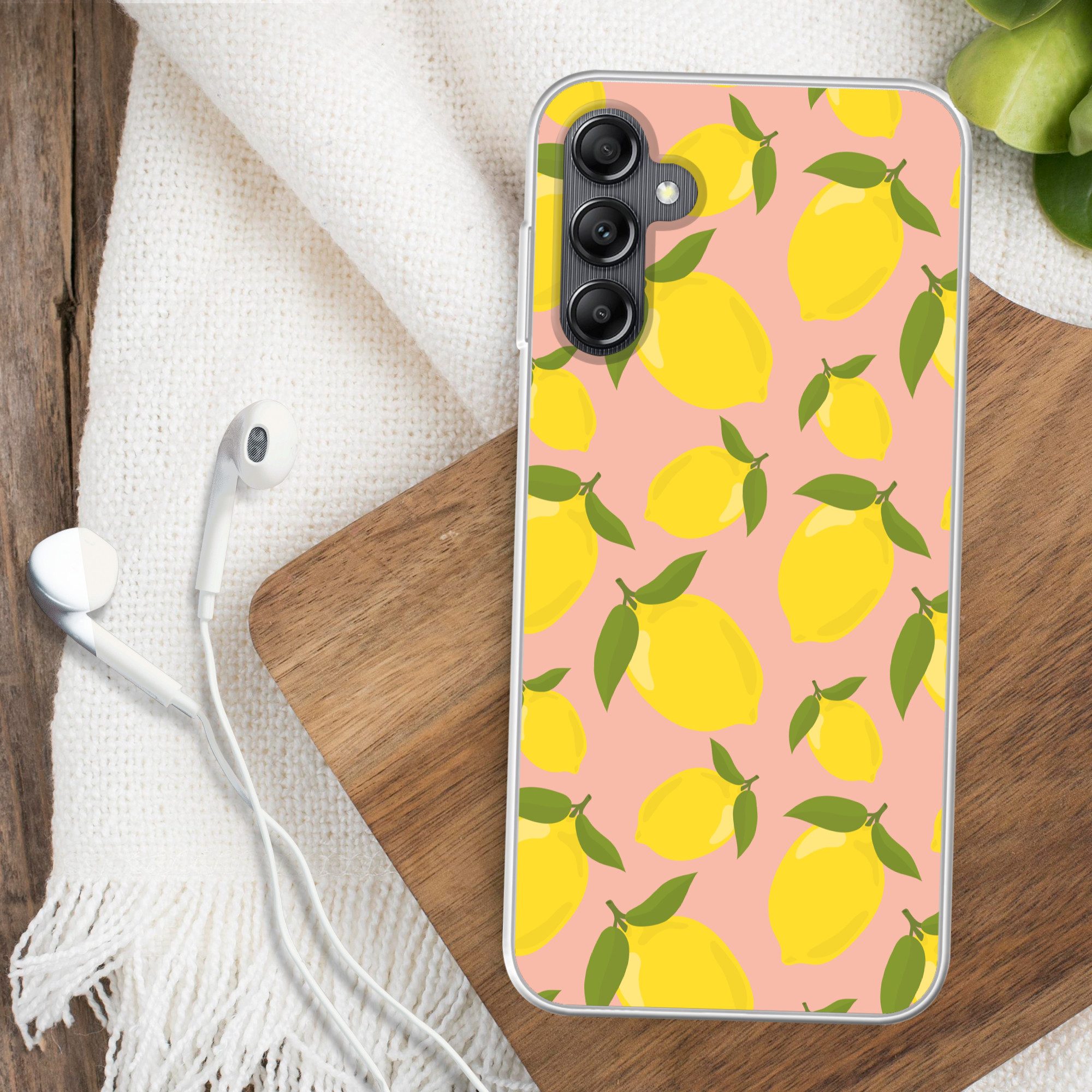 MuchoWow Handyhülle für Samsung Galaxy A14 5G Zitronen - Gelb - Rosa - Muster - Obst, Smartphone-Bumper, Print, Handy Schutzhülle Dünn