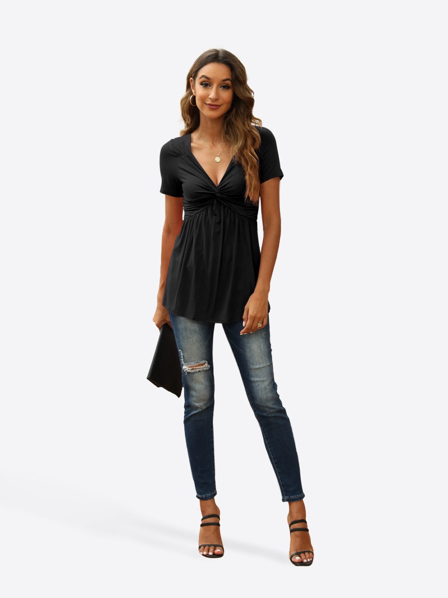 Imily Bela Tunika Damen Sexy V-Ausschnitt Knoten Shirt (Packung, 1-tlg., 1per-Pack) in Unifarbe