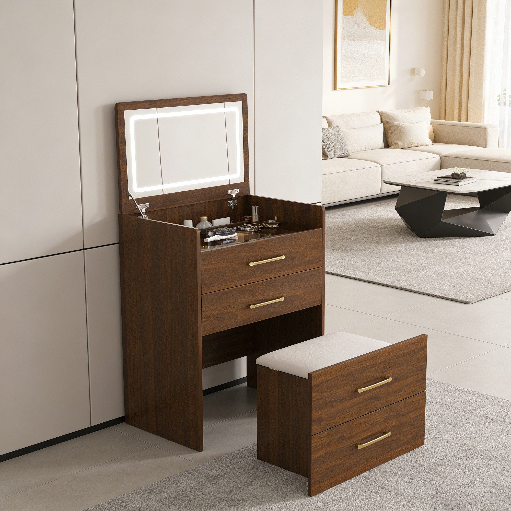 KLAM HOME Schminktisch 3-in-1 Schminktisch Weiß/Walnuss mit Glasplatte, nutzbar als Sideboard (Kompakter Kosmetiktisch mit 3 Schubladen & platzsparendem Hocker), Multifunktionaler Frisiertisch aus MDF für Schlafzimmer und Wohnraum