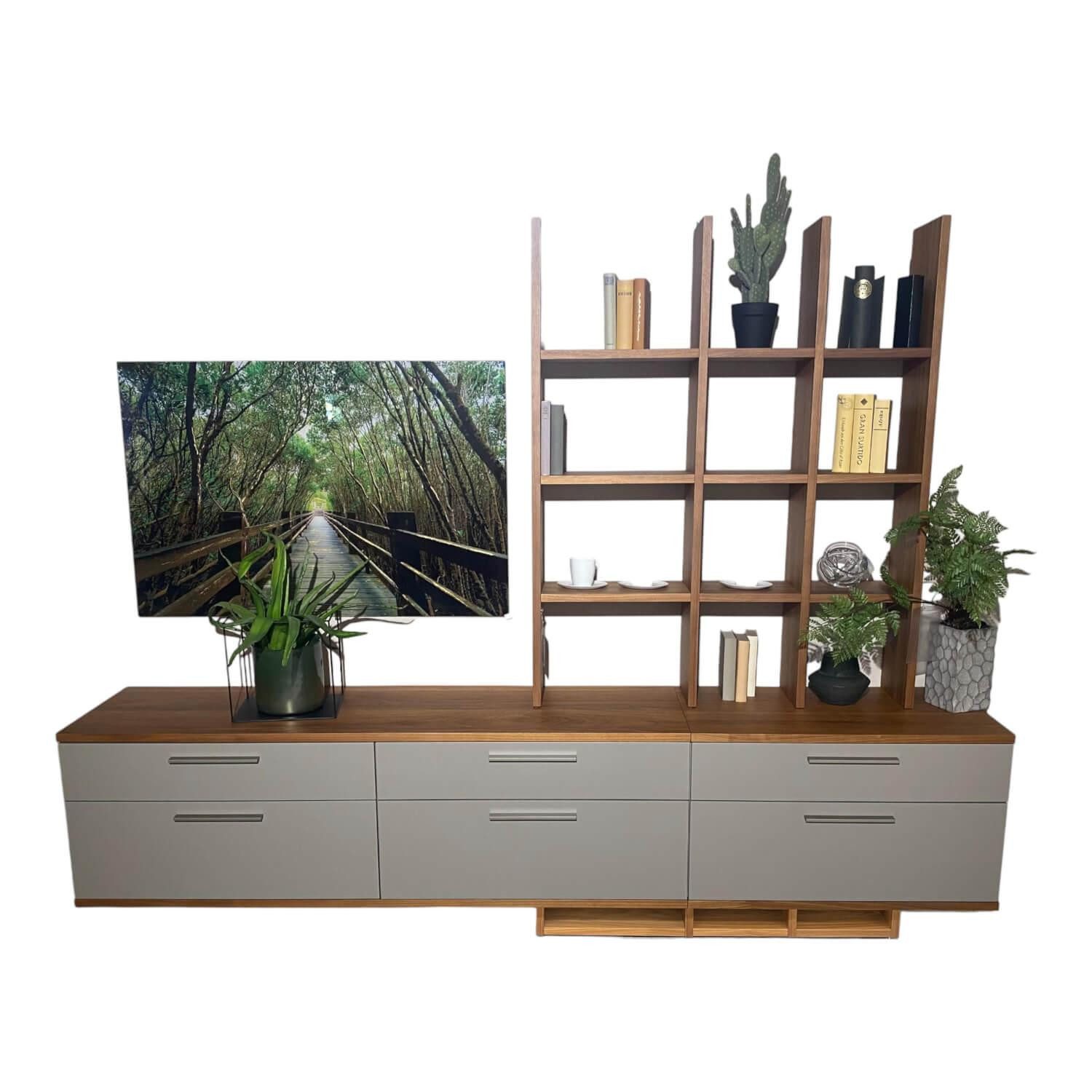 GWINNER Anbauschrank Wohnwand Atena Lack Seidenmatt Fango Nussbaum Natur