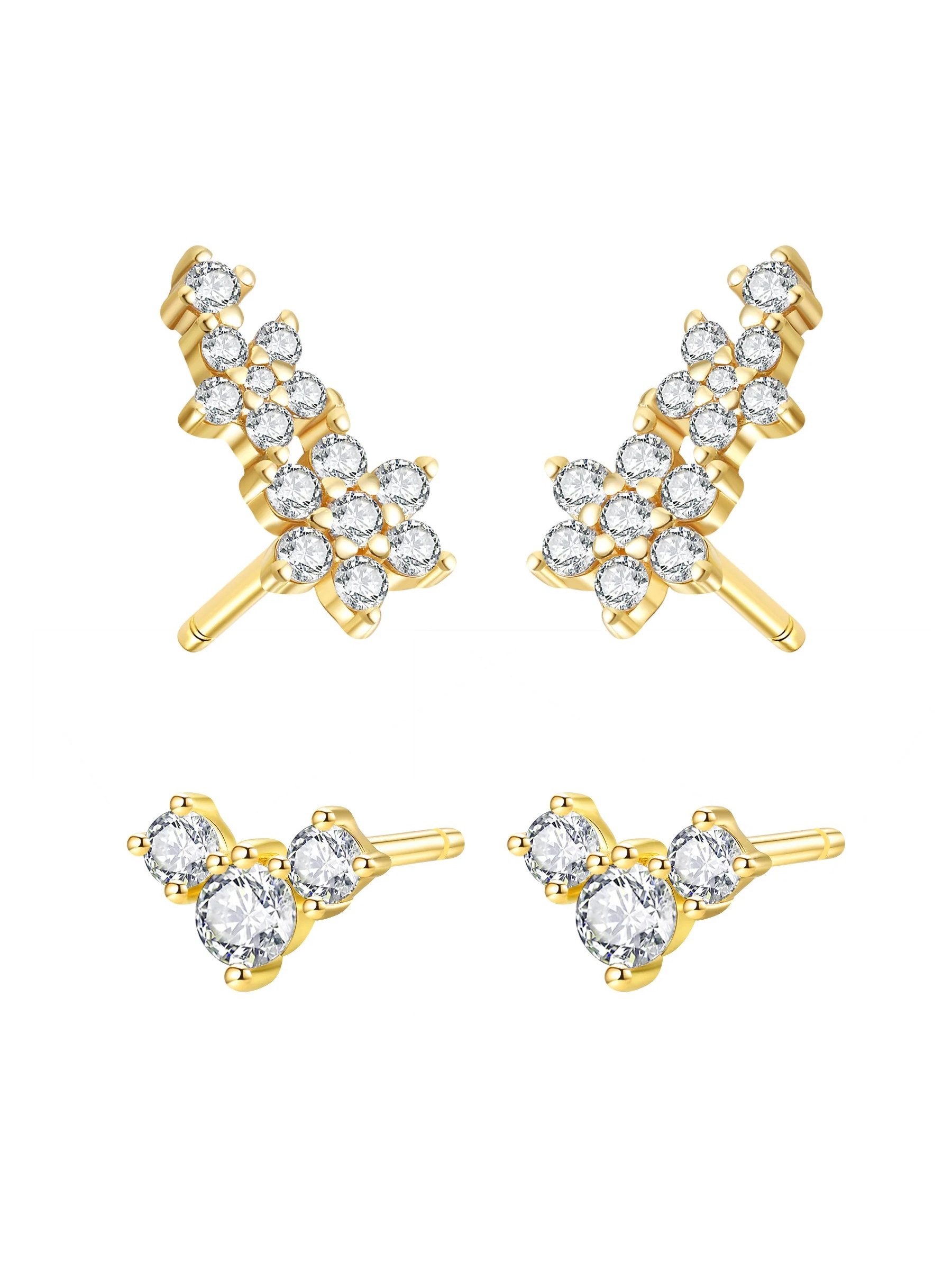 Hey Happiness Серьги-гвоздики-Set Funkelnde Blumen, 4-teiliges Ohrring-Set, Blumen Серьги Damen Schmuckset, 925 Silber Серьги-гвоздики