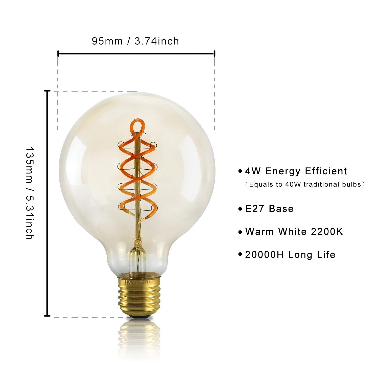 4W, 1 Nettlife St., E27, G95 LED-Leuchtmittel Edison Dimmbar Leuchtmittel