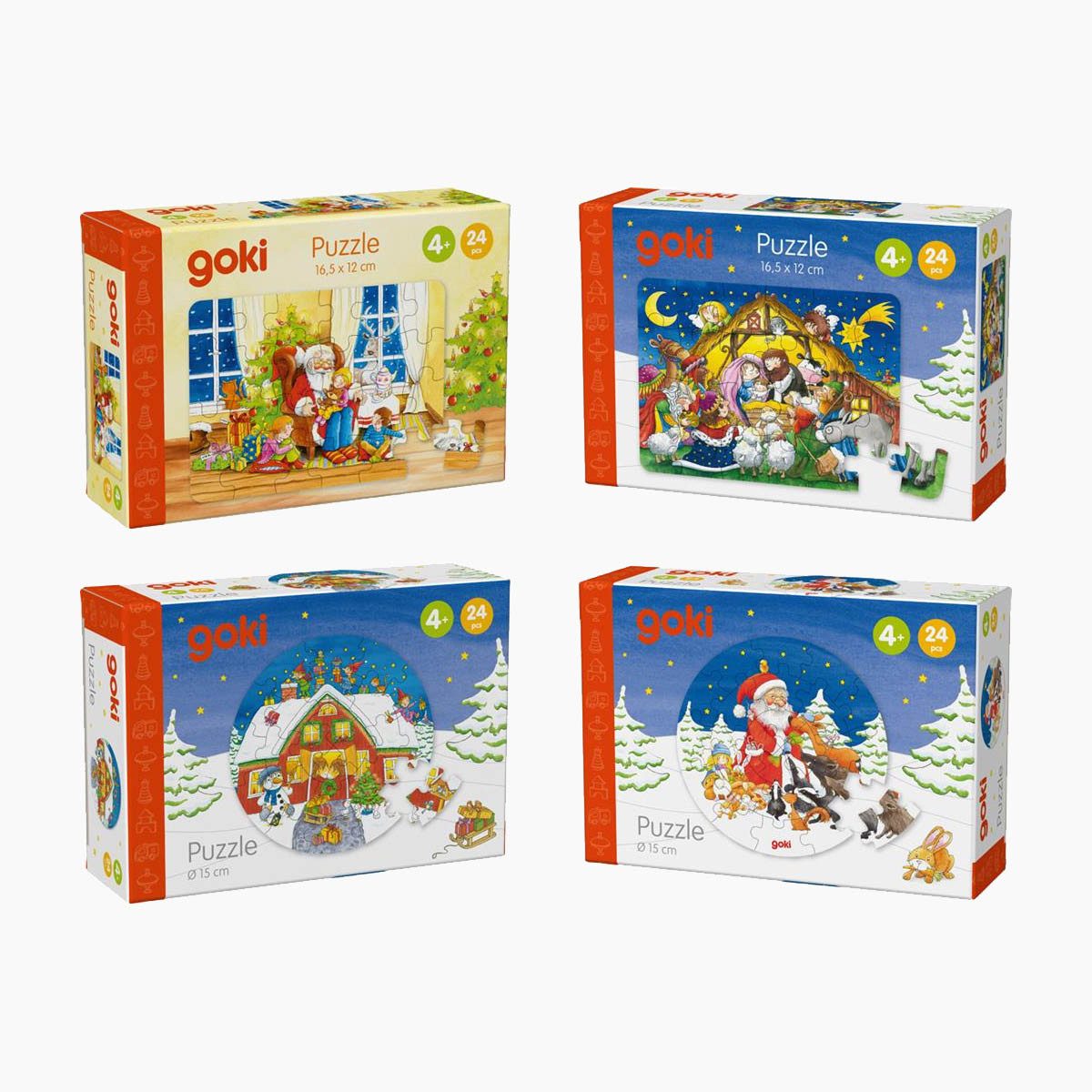 goki Steckpuzzle Minipuzzle Set Weihnachten, 96 Puzzleteile, 4 kleine Holzpuzzle für ruhige Momente im Advent
