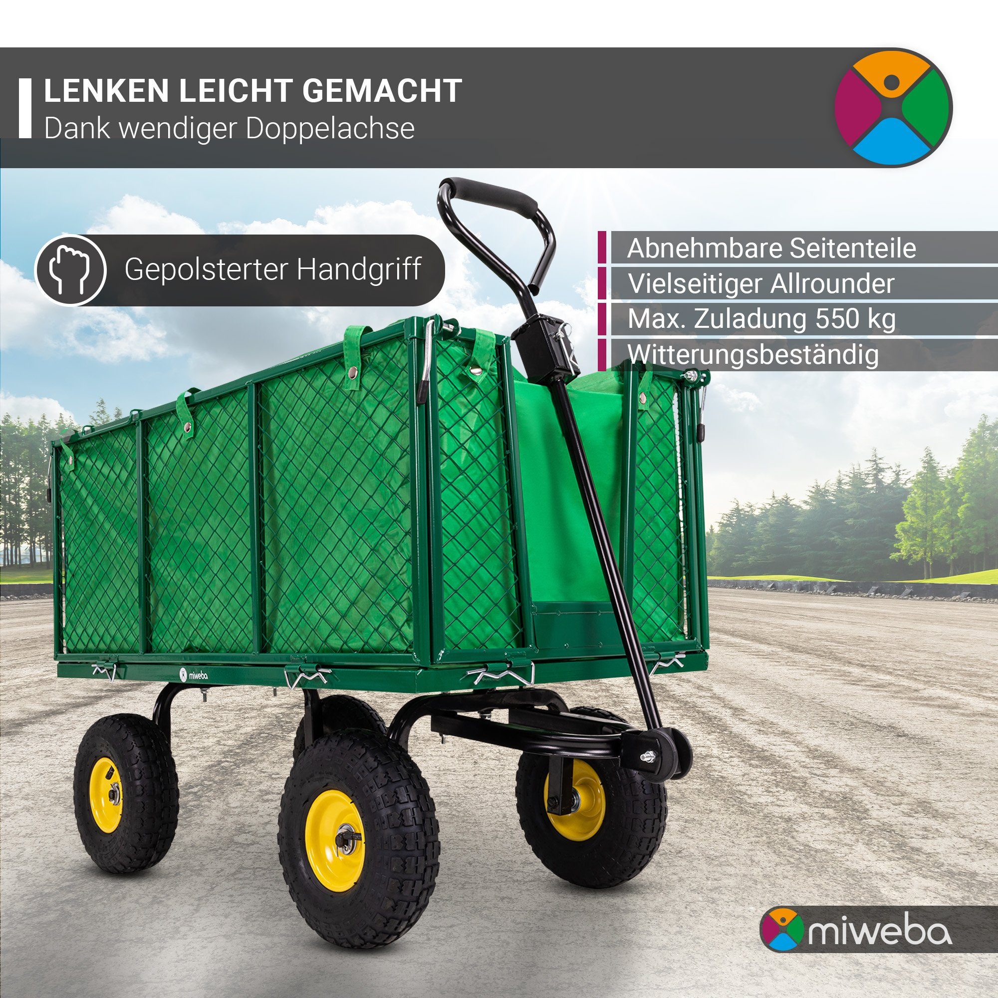 miweba Bollerwagen Gartenwagen Transportkarre MB-550 (deichselgeführte Lenkachse, Anhängerfunktion, Bordwände klapp- und abnehmbar, Luftreifen, 1-tlg., 550 KG Traglast - 190 L Volumen - Klappbare Wände - Kippbar), Transportwagen - Gartenkarre- Gartenwagen - Schubkarre