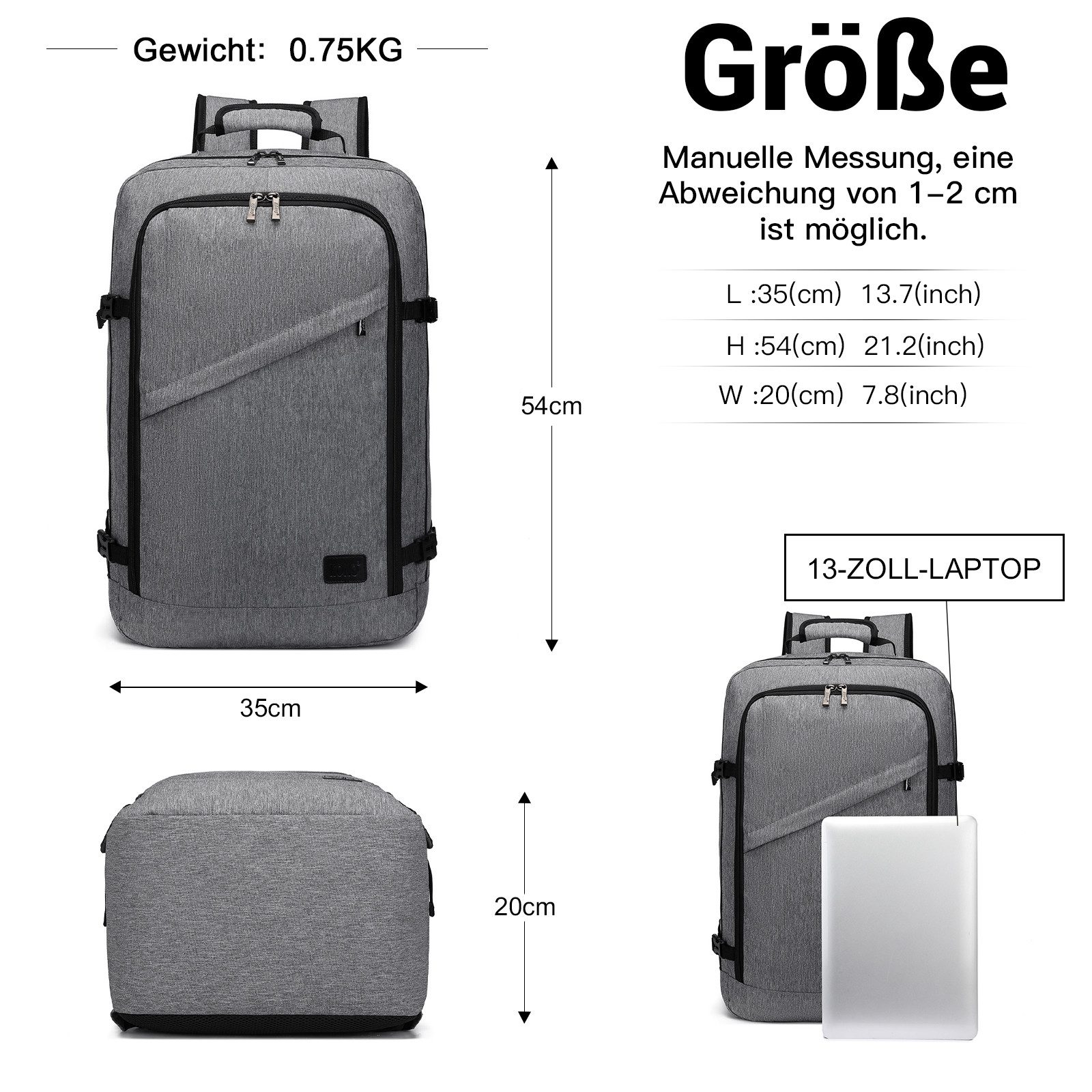 KONO Rucksack Handgepäck-Rucksack mit vielen Fächern Leichtgewicht