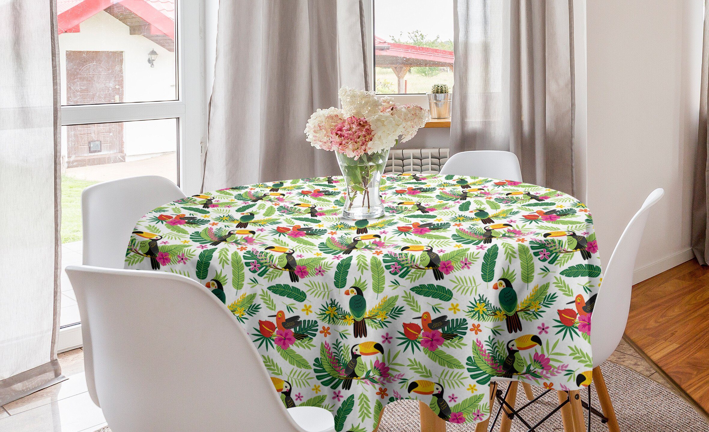 Abakuhaus Tischdecke Kreis Tischdecke Abdeckung für Esszimmer Küche Dekoration, Papagei Jungle Flora und Fauna