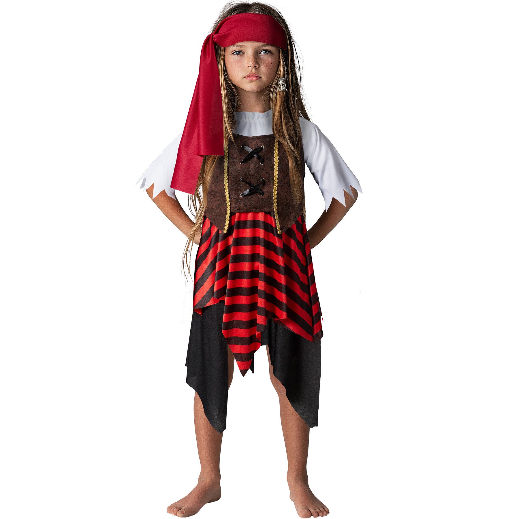 dressforfun Piraten-Kostüm Seeräuberin/Freibeuterin Piraten, Konfektionsgröße 128 (7-8 Jahre), in der Farbe schwarz/rot, Detailreich gestaltetes Kleid mit Korsett