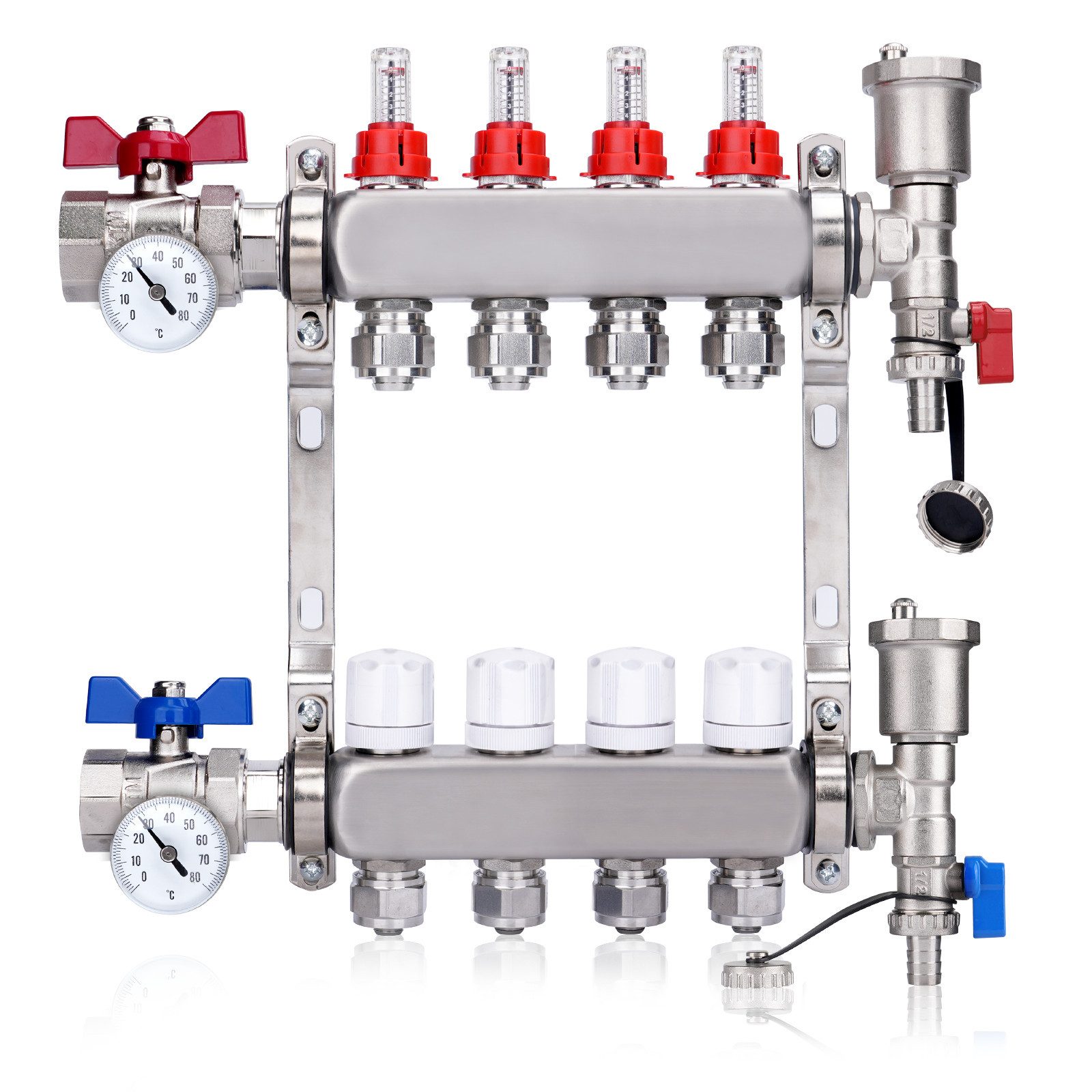 XERSEK Heizkreisverteiler Fußbodenheizung Festwertregelset, 2-13 Heizkreise, Klemmverschraubung (Edelstahl Systemverteiler mit Thermometer Stellantriebe Durchflussreg), 1" Kugelhähne, 3/4" AG mit Eurokonus, Max.10 Bar