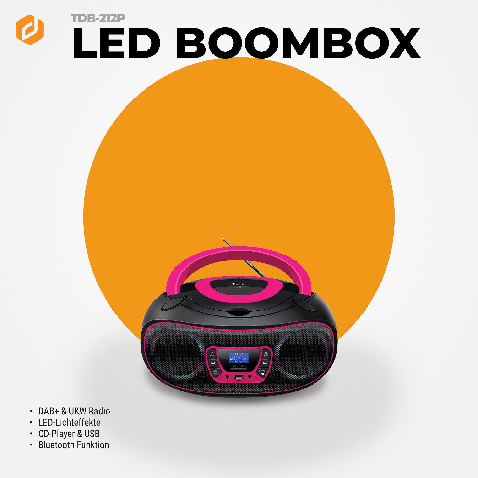 Denver TDB-212P CD-Player (Bluetooth, DAB+/FM Radio, MP3 via USB,& AUX, Musik Streaming über Bluetooth, CD-Player, Bluetooth, 2 x 18W Output, Batterie- oder Netzbetrieb möglich)