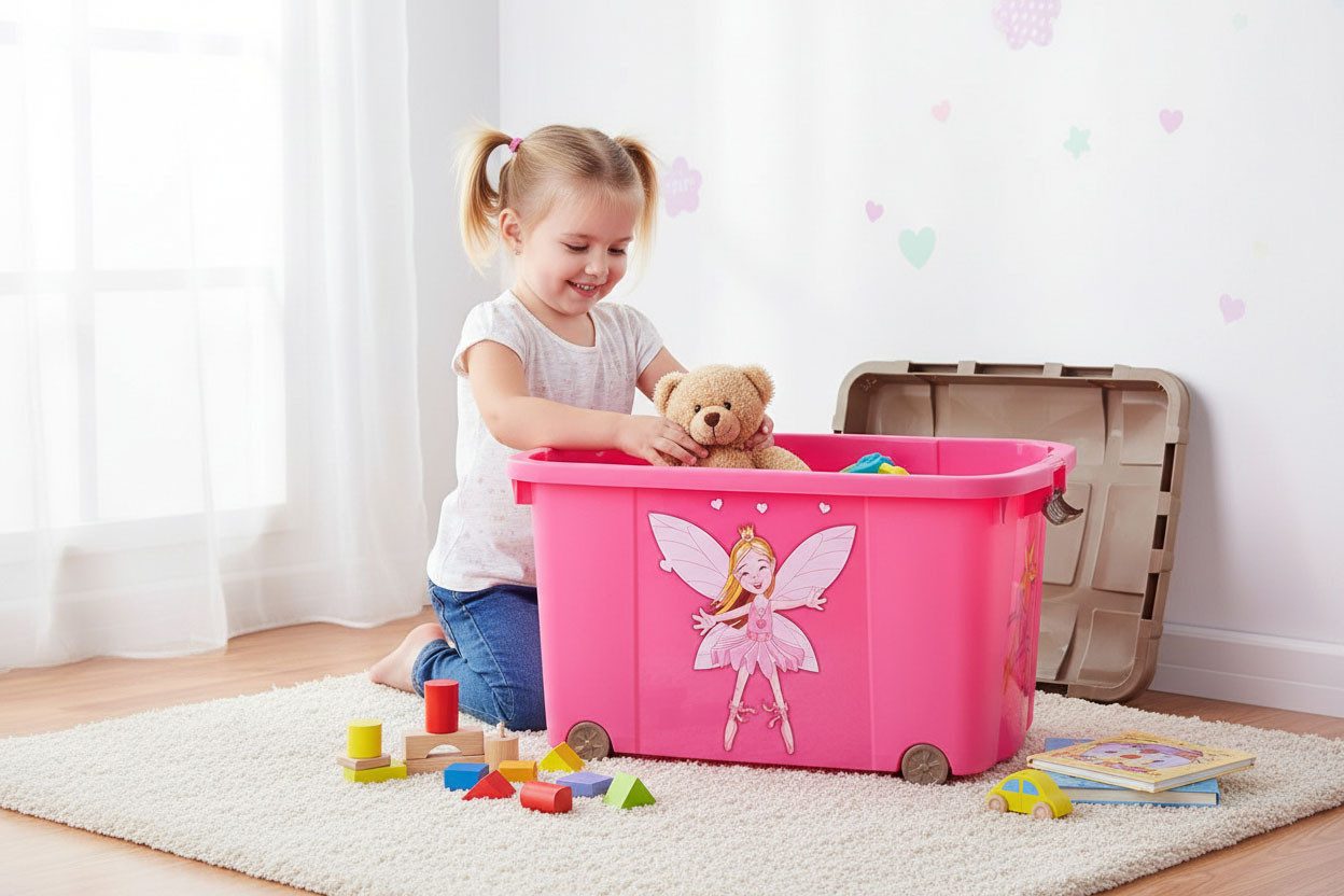 LS-LebenStil Spielzeugtruhe XL Spielzeugkiste Prinzessin Fee Aufbewahrungsbox Rollbox Rollen (Süßes Rosa Pink mit Deckel in Gold, 1 St., Kinderzimmer, Aufbewahrung für Kuscheltiere, Rollbox), Spielzeugbox Feen Mädchen Geschenk kinderleicht verschließen