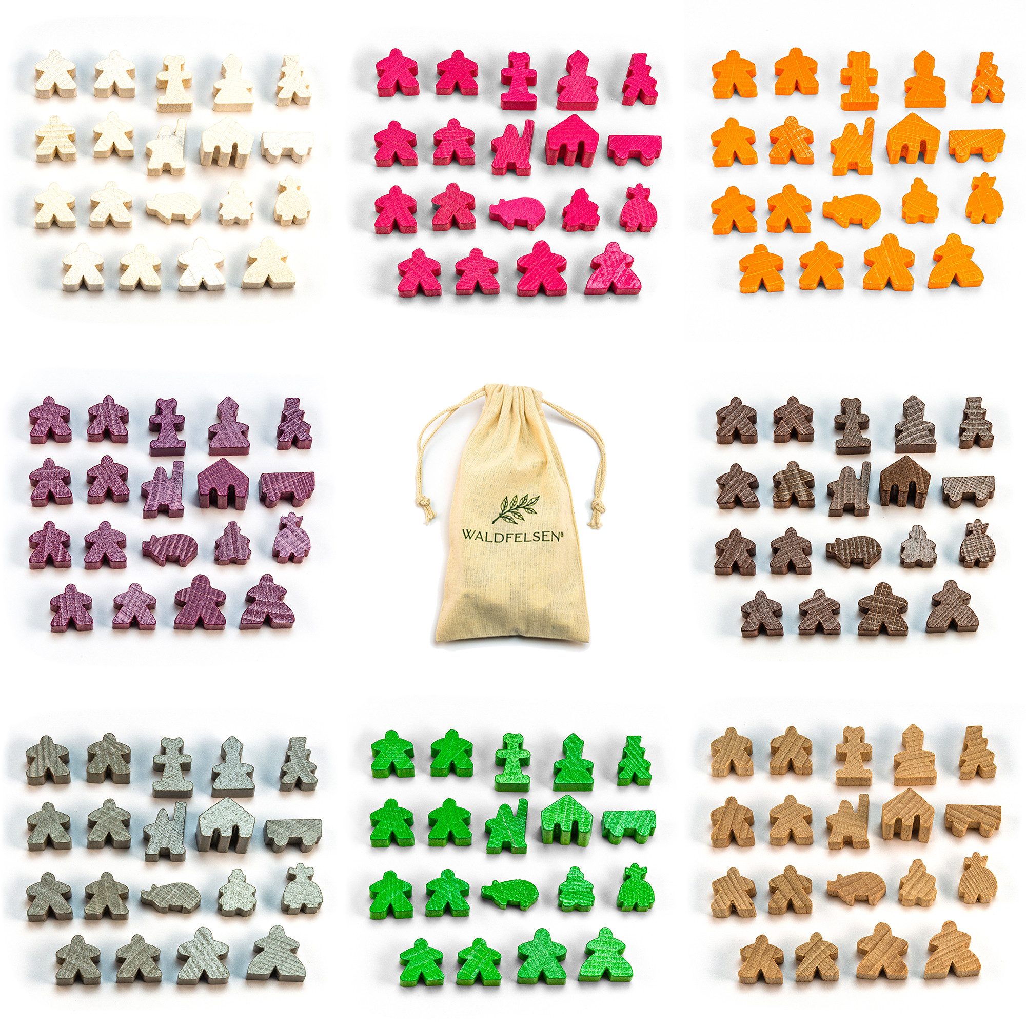 Waldfelsen Spiel – 19 Carcassonne Meeple Holzfiguren Spielfiguren aus Holz Komplett-Set, Spielmaterial, Verschiedene Farben