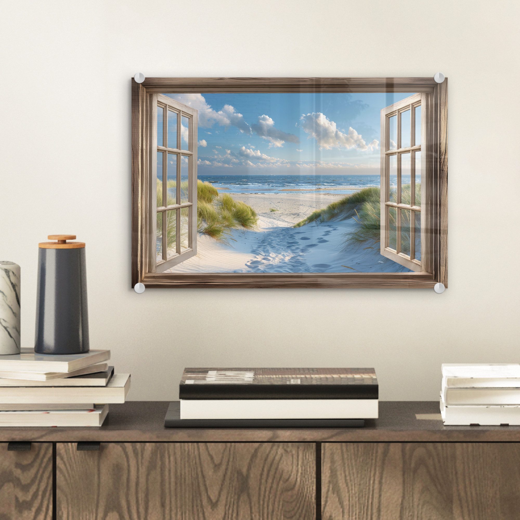 MuchoWow Acrylglasbild Aussicht - Strand - Fenster - Dünen - Meer, Inkl. Au günstig online kaufen