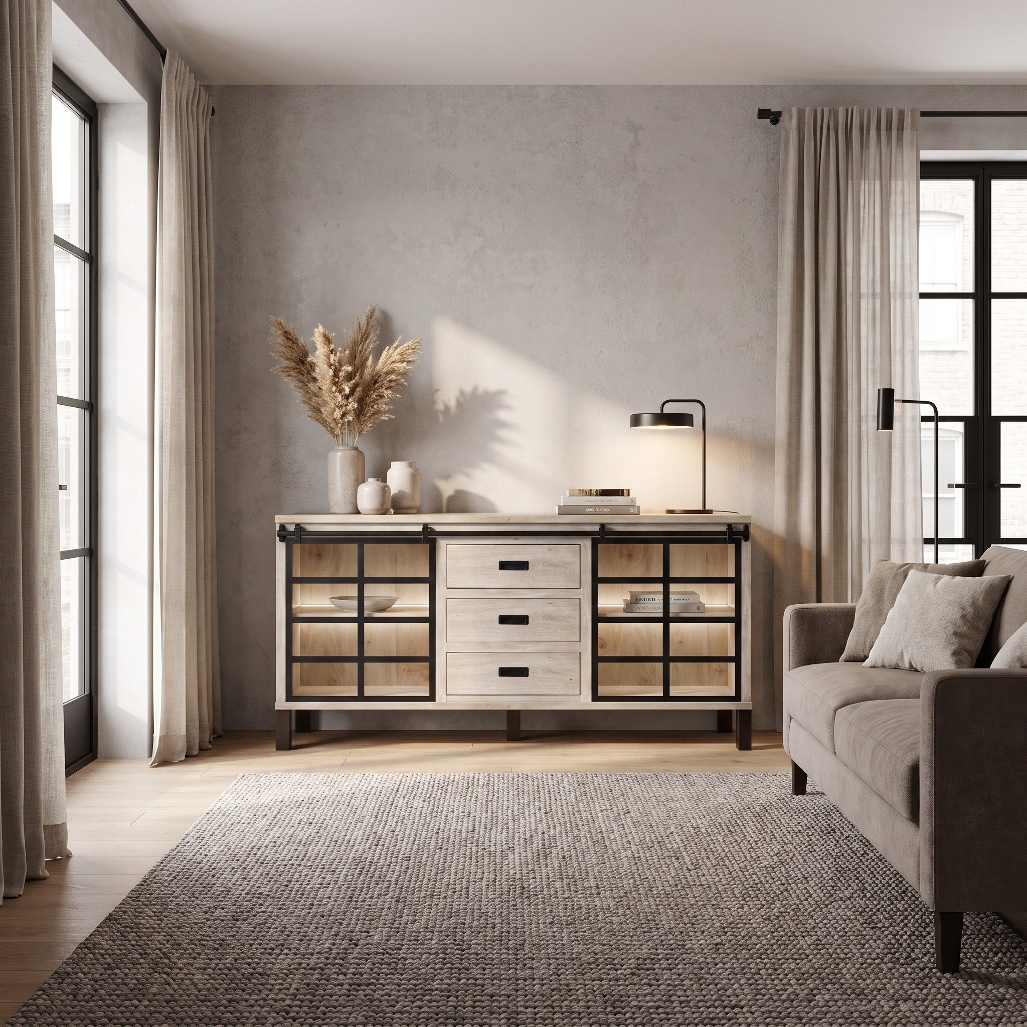 WOLF MÖBEL Sideboard (175 x 42 x 90), KALI Kommode mit 2 Schiebetüren, 3 Schubladen & Licht