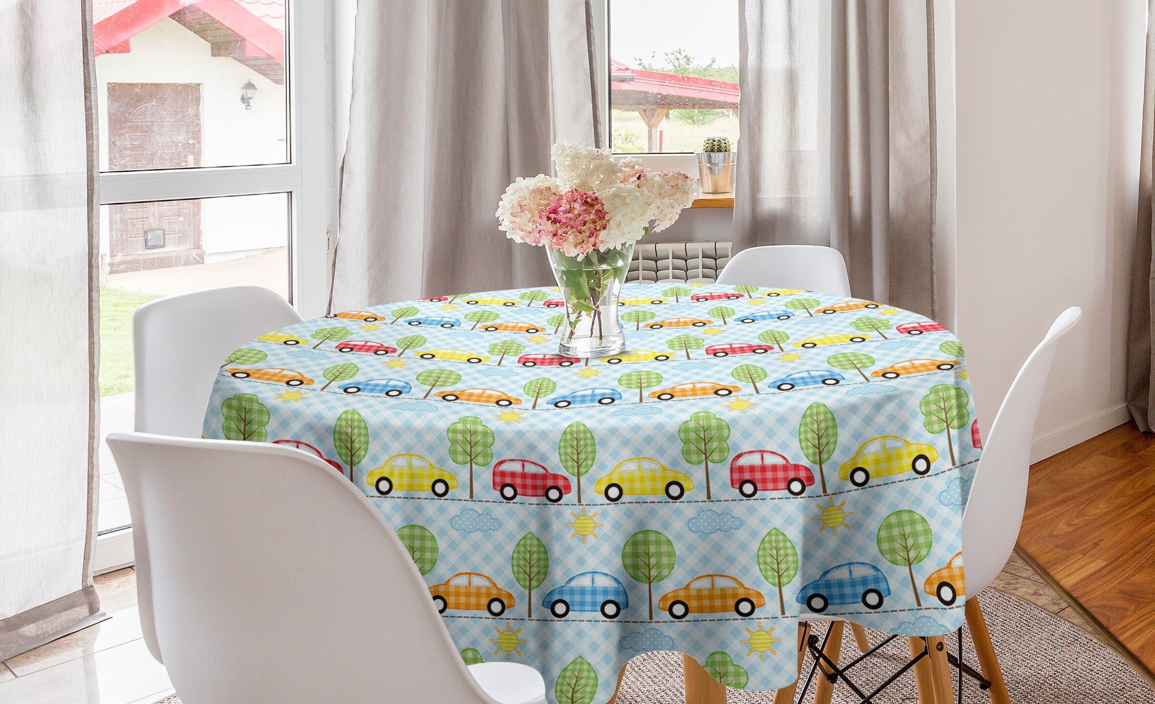 Abakuhaus Tischdecke Kreis Tischdecke Abdeckung für Esszimmer Küche Dekoration, Baby Checkered Autos mit Bäumen
