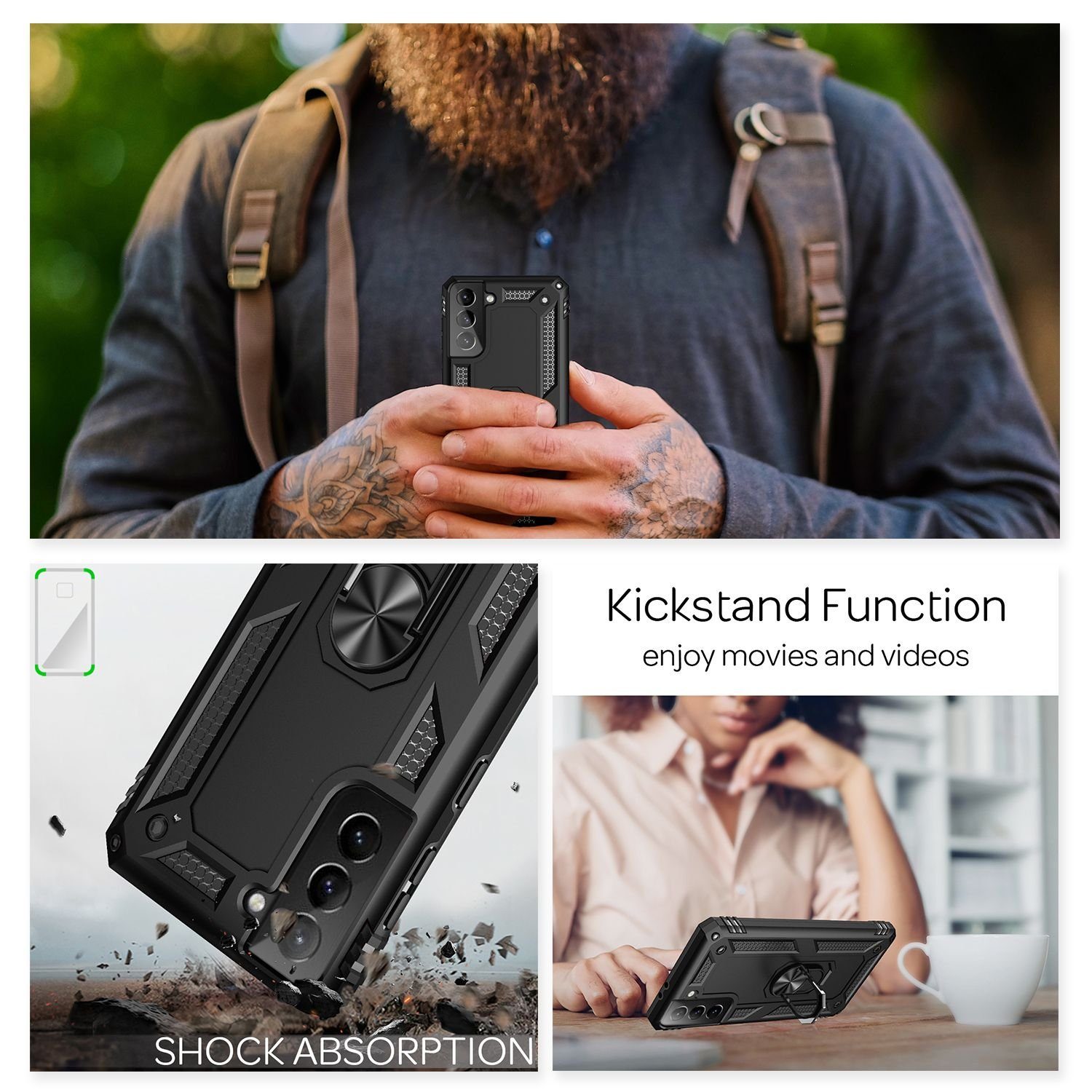 Nalia Smartphone-Hülle Samsung Galaxy S21 15,7 cm (6,2 Zoll), Outdoor Military Style Hülle mit Ring / Extrem Schützend / Panzer Case