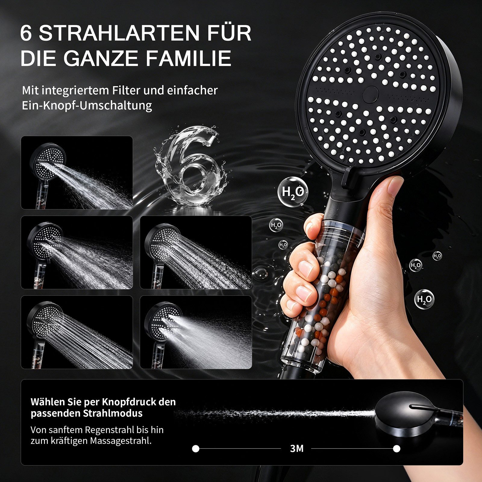 HOMELODY Duschsystem Badewannenarmatur mit Duschset schwarz höhenverstellbar 6 Strahlarten, SUS304 Edelstahl Wannenarmatur mit Handbrause Filter und Ablage – Bild 5 von 5