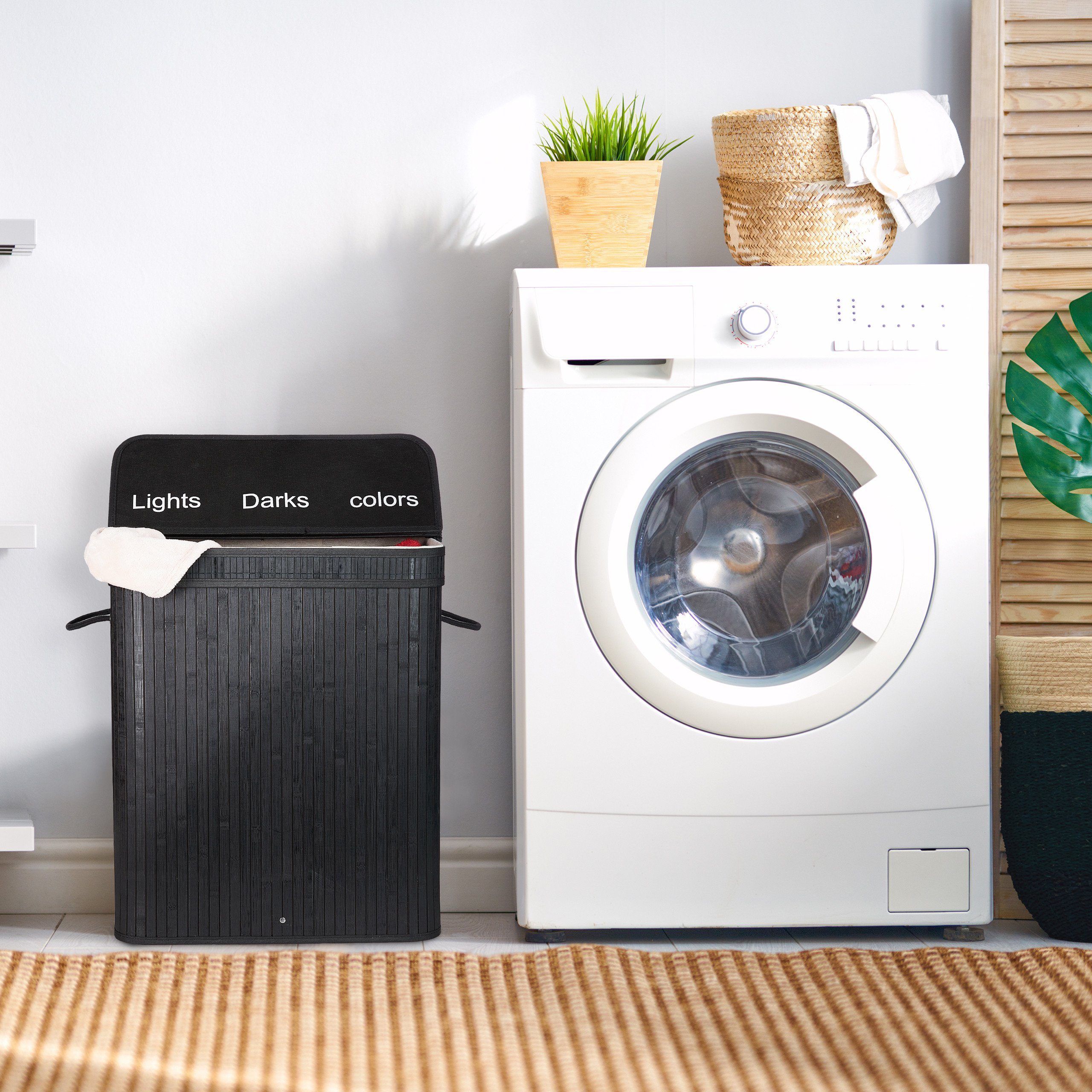 relaxdays Wäschekorb Wäschesortierer aus Bambus, schwarz günstig online kaufen