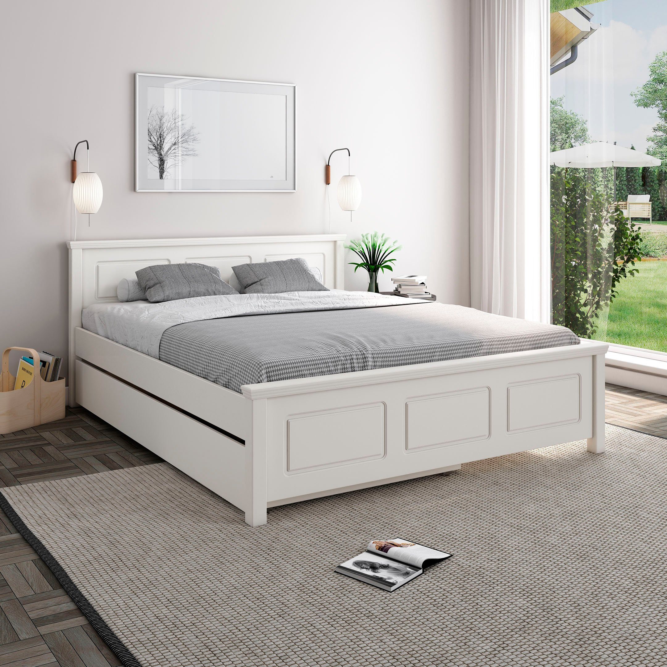 OTTO home Massivholzbett ERIKK', Made in Europe, optional mit Schublade, Massivholz Kiefer (FSC® zertifiziert), in mehreren Größen, Landhausstil mit Kassettenoptik