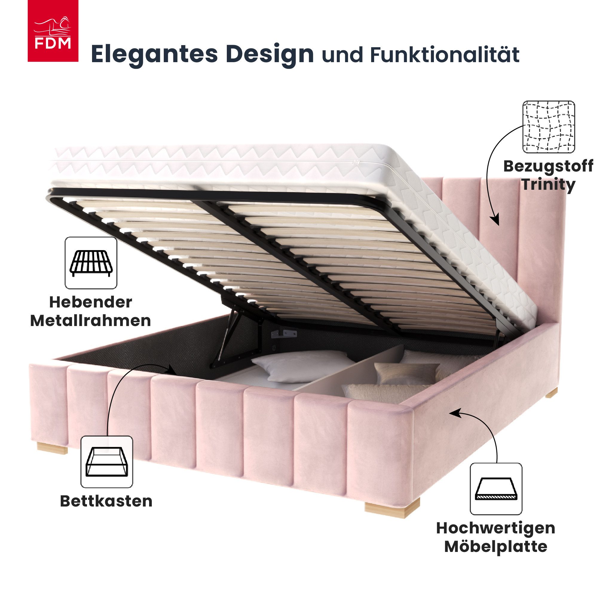 FDM Polsterbett modern mit Bettkasten MADE IN EU - mit hochwertigem Velours Bezug (verfügbar 90x200 120x200 140x200 160x200 180x200cm, Bettrahmen, Bett, mit großen gepolsterten Kopfteil, mit Bettkasten zum aufklappen), Hebbarer Metallrahmen, Bettkasten, mit/ohne Matratze