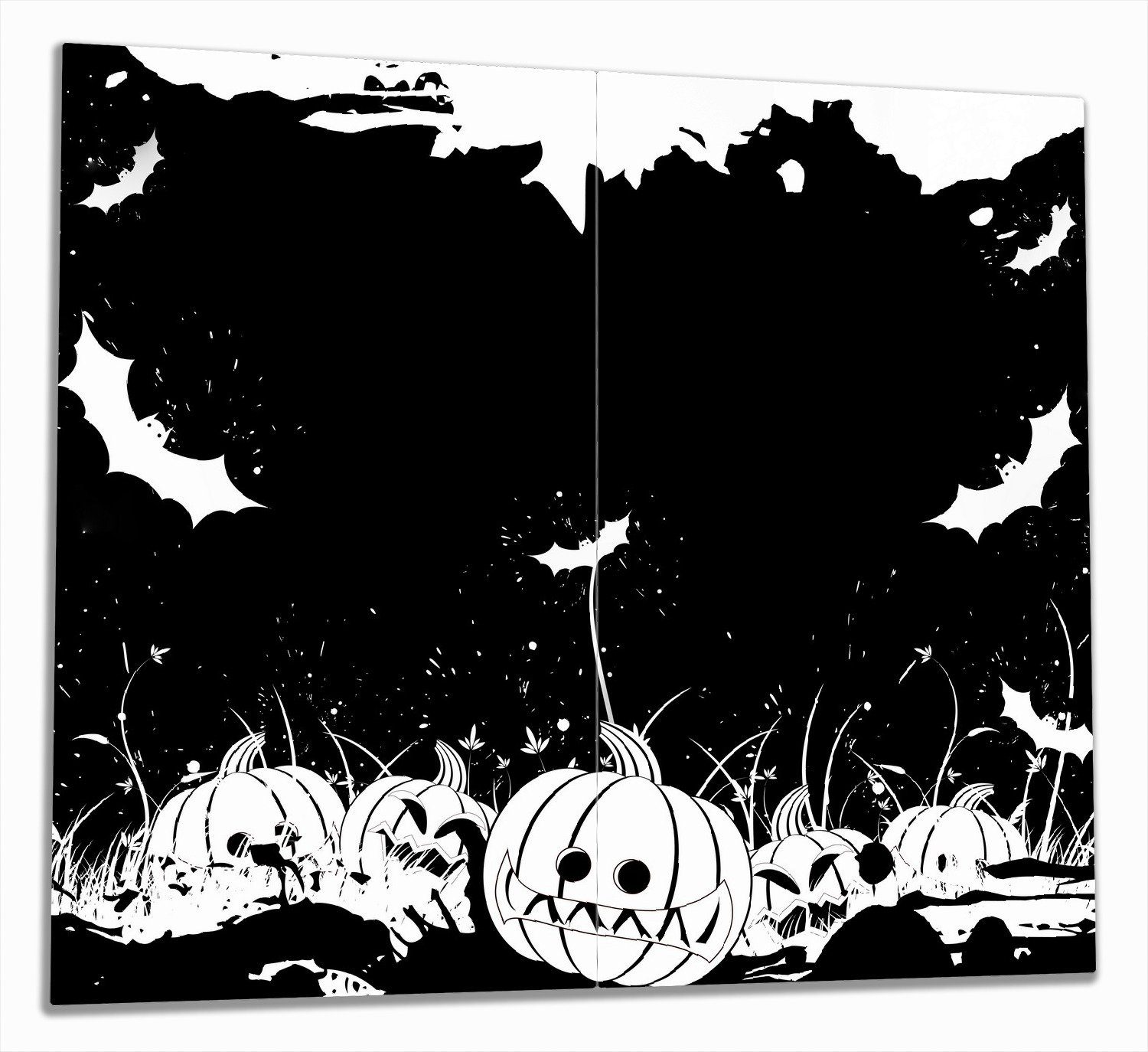 Wallario Herd-Abdeckplatte Halloween - Kürbisse und Fledermäuse in schwarz-weiß, Comic Stil, ESG-Sicherheitsglas, (Glasplatte, 2 tlg., inkl. 5mm Noppen), verschiedene Größen