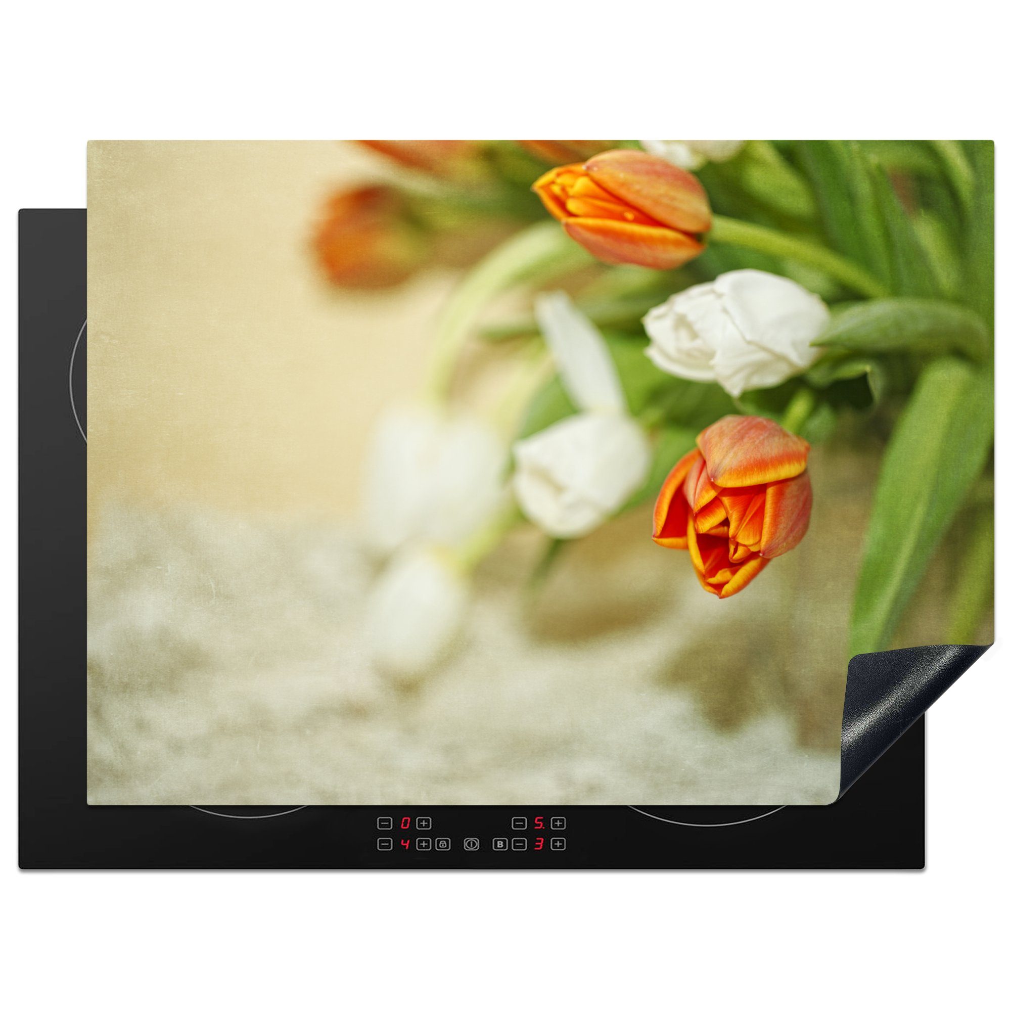 70x52 Ein Tulpen, cm, aus orangefarbenen Arbeitsfläche Herdblende-/Abdeckplatte weißen und nutzbar, Ceranfeldabdeckung tlg), MuchoWow Strauß Vinyl, Mobile (1
