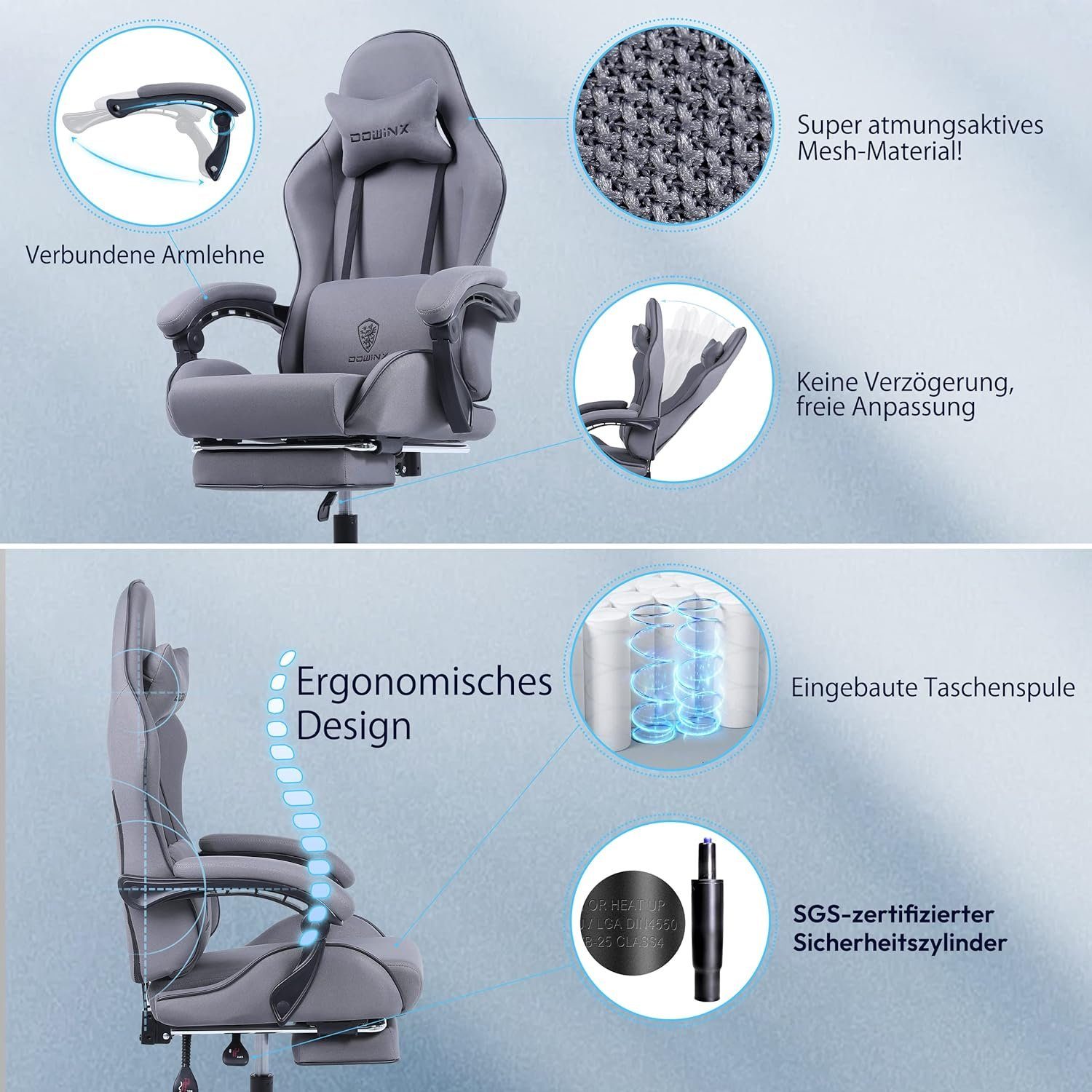 Dowinx Gaming-Stuhl (Ergonomischer Verstellbarer Ergonomischer Burostuhl,Schreibtischstuhl Taschenfederkissen Mit Sitz), Fußstütze Sessel mit Stuhl Gaming