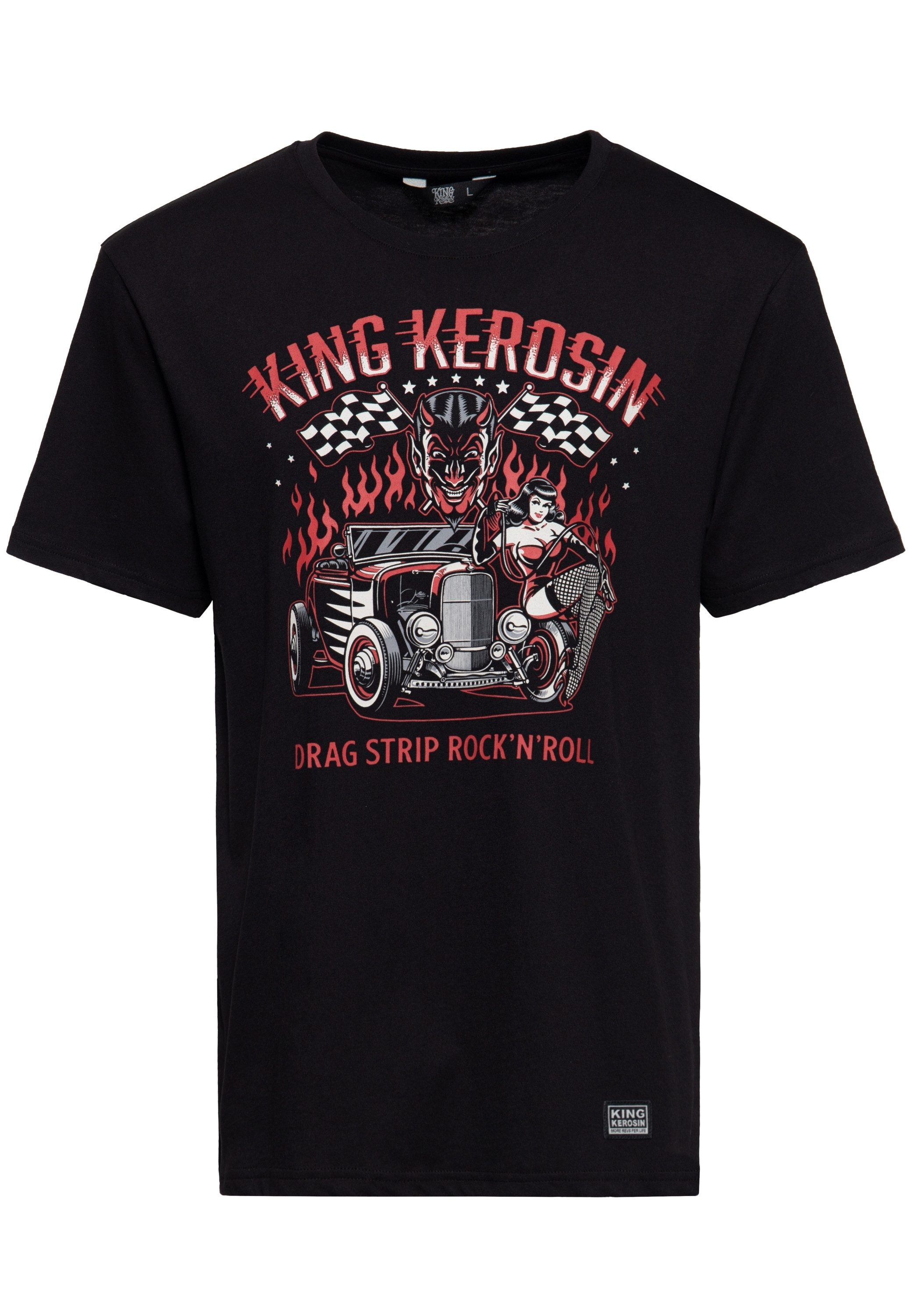 KingKerosin Print-Shirt Dragstrip Großflächiger Frontprint mit Teufel- und Pin-up-Motiv