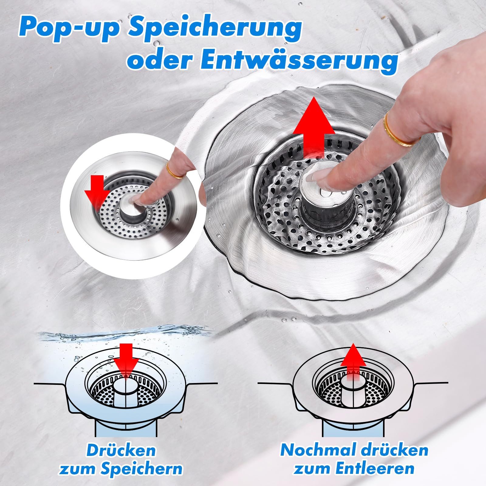 Coonoor Küchensieb Universal Siebkörbchen Abflusssieb Küchenspüle und Edelstahl, Waschbeckenstöpsel, 3-in-1 Pop-Up Edelstahl Abflussstopfen – Bild 5 von 5