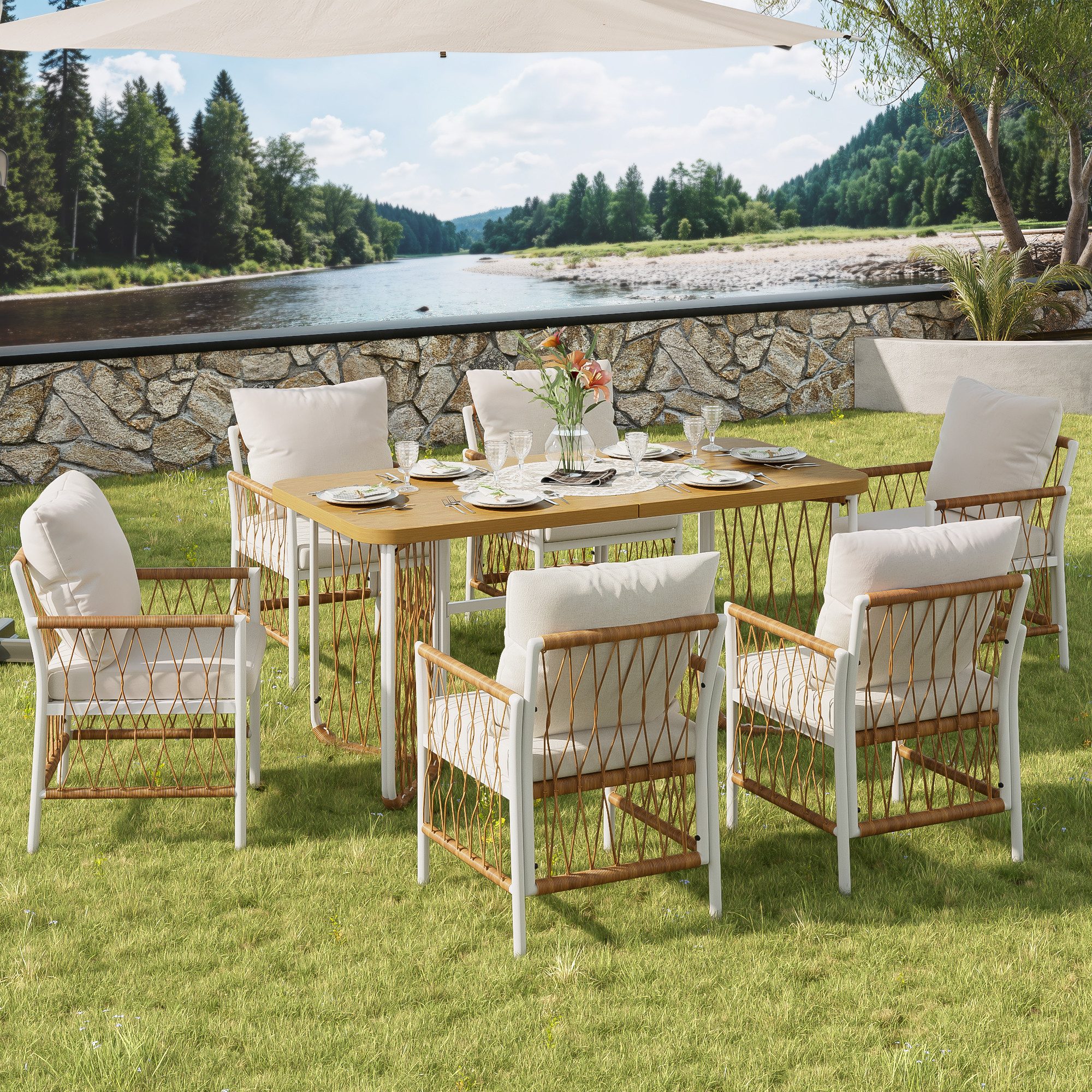Odikalo Gartenlounge-Set Gartenmöbel Garten-Essgruppe Gartentisch, (Outdoor-Set, Freizeit- und Besprechungsset für mehrere Personen, Eisengestell, Geflochtene Armlehnen, Inklusive Sitzkissen)