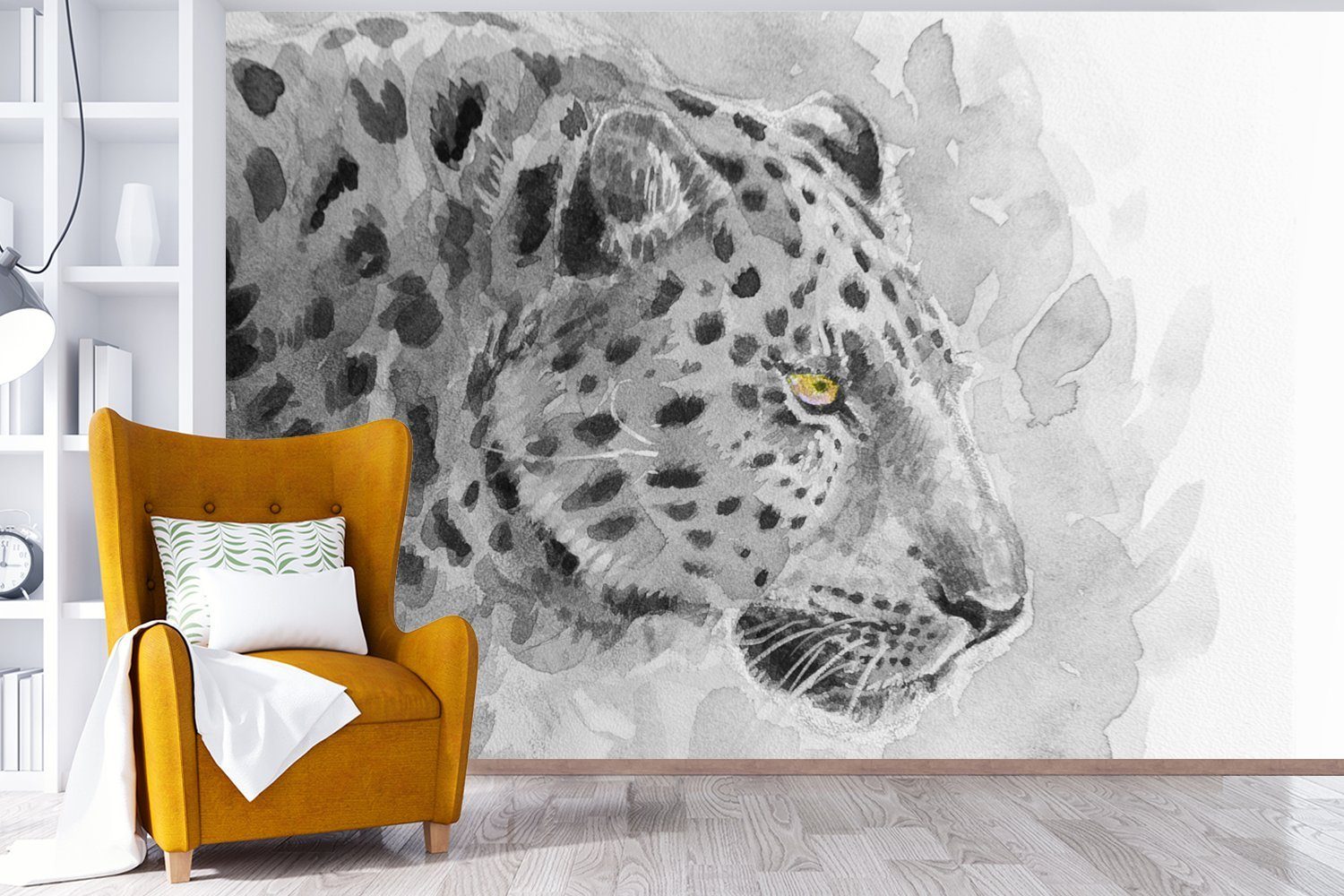 MuchoWow Fototapete Leopard - Schwarz Matt, Profil, für Wohnzimmer, Tapete Wallpaper Weiß (6 bedruckt, - Schlafzimmer, Kinderzimmer, Vinyl St), 