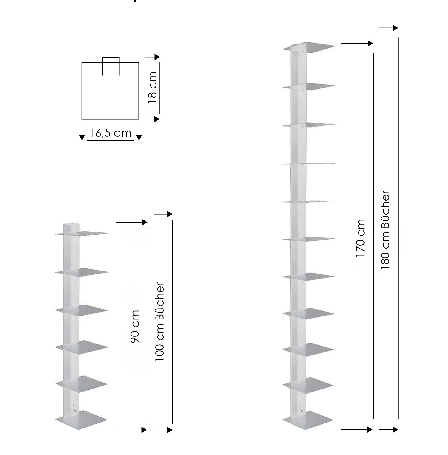 Haseform Wandregal Bücherturm 170 cm (für 1,80 m Bücher) weiss Bücherregal
