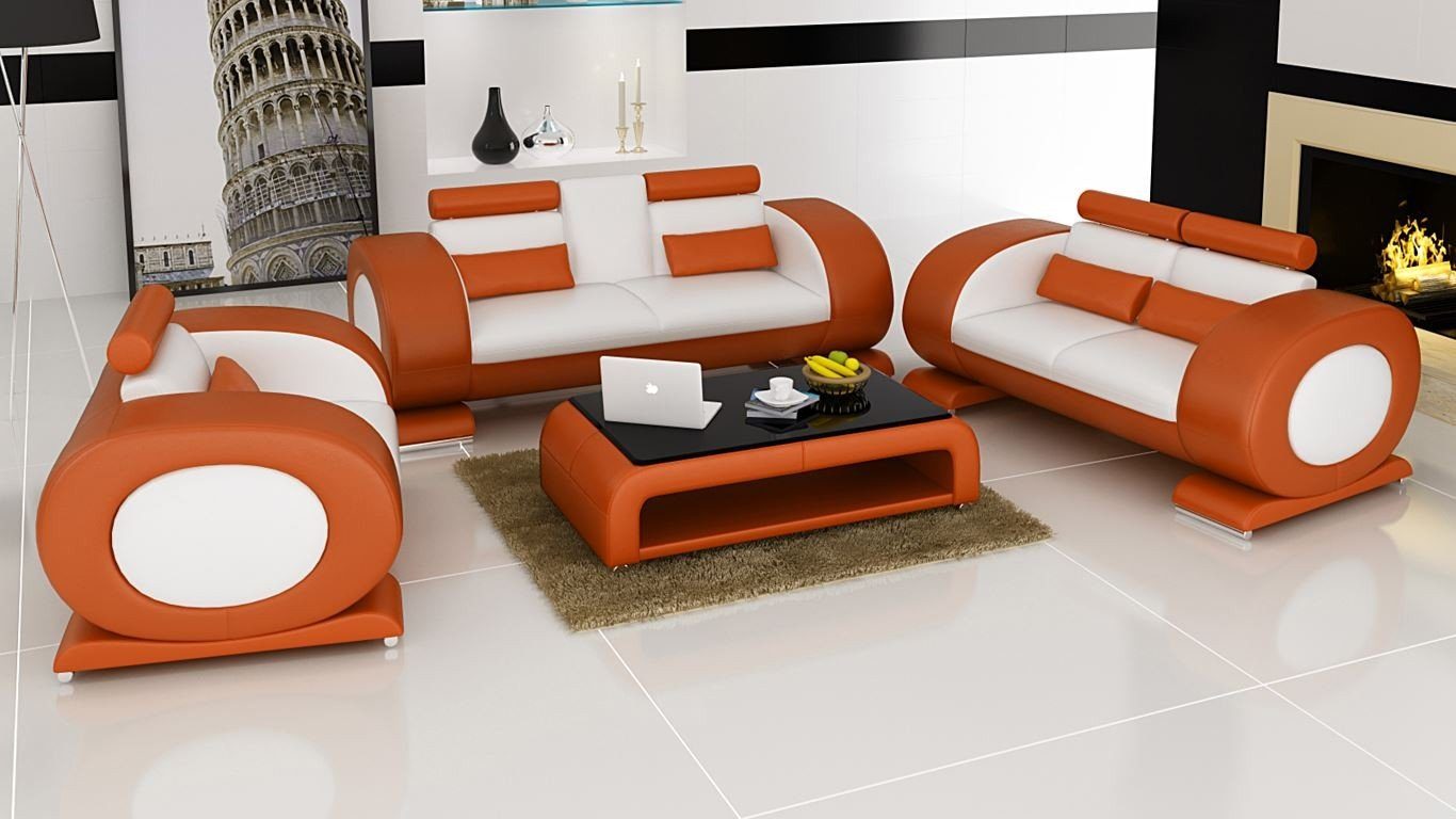 JVmoebel Sofa Sofagarnitur Garnituren Set Design Sofas Polster Couchen Leder 311, Made in Europe Orange/Weiß