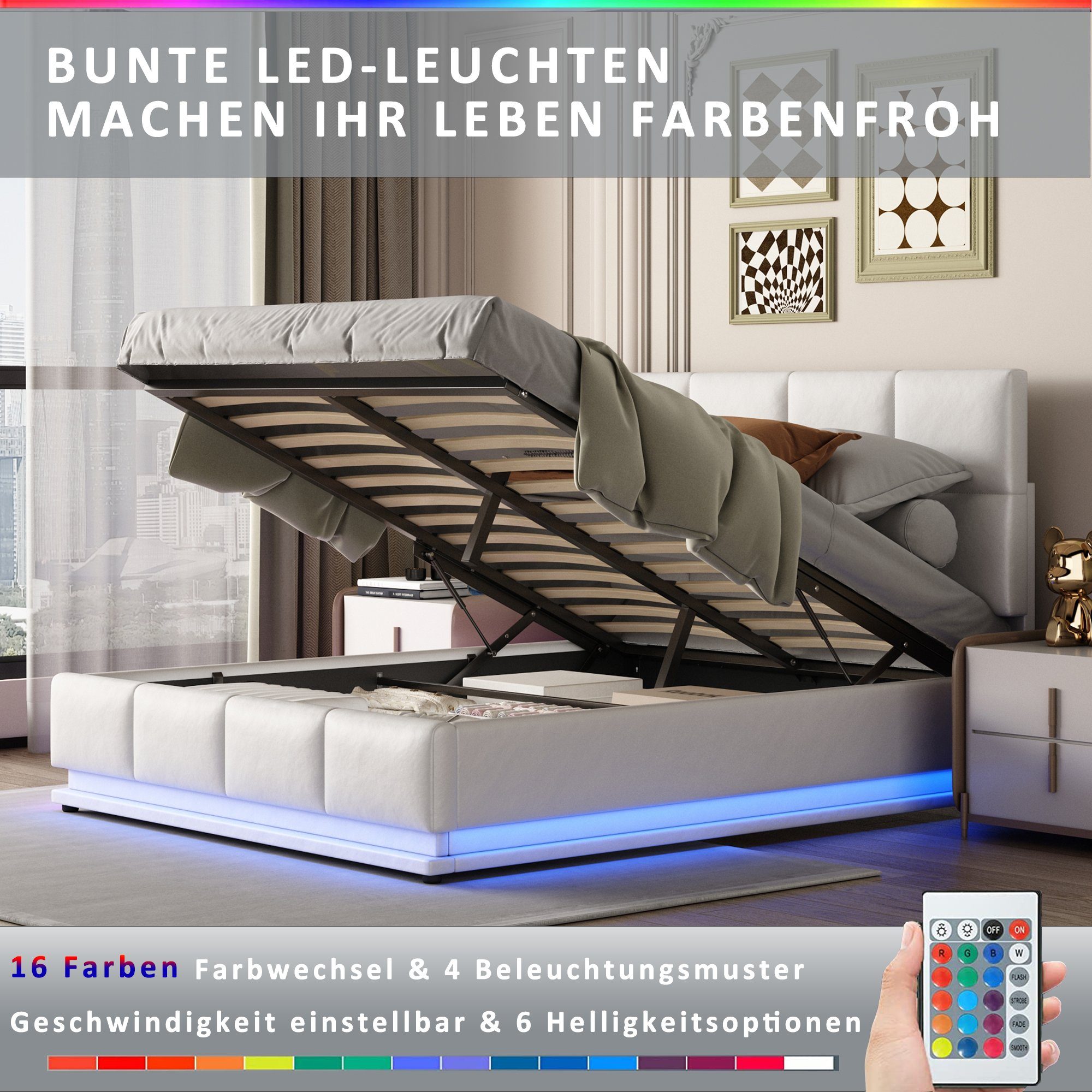 Doppelbett Flieks Kunstleder 140x200cm Weiß Polsterbett, LED hydraulisches