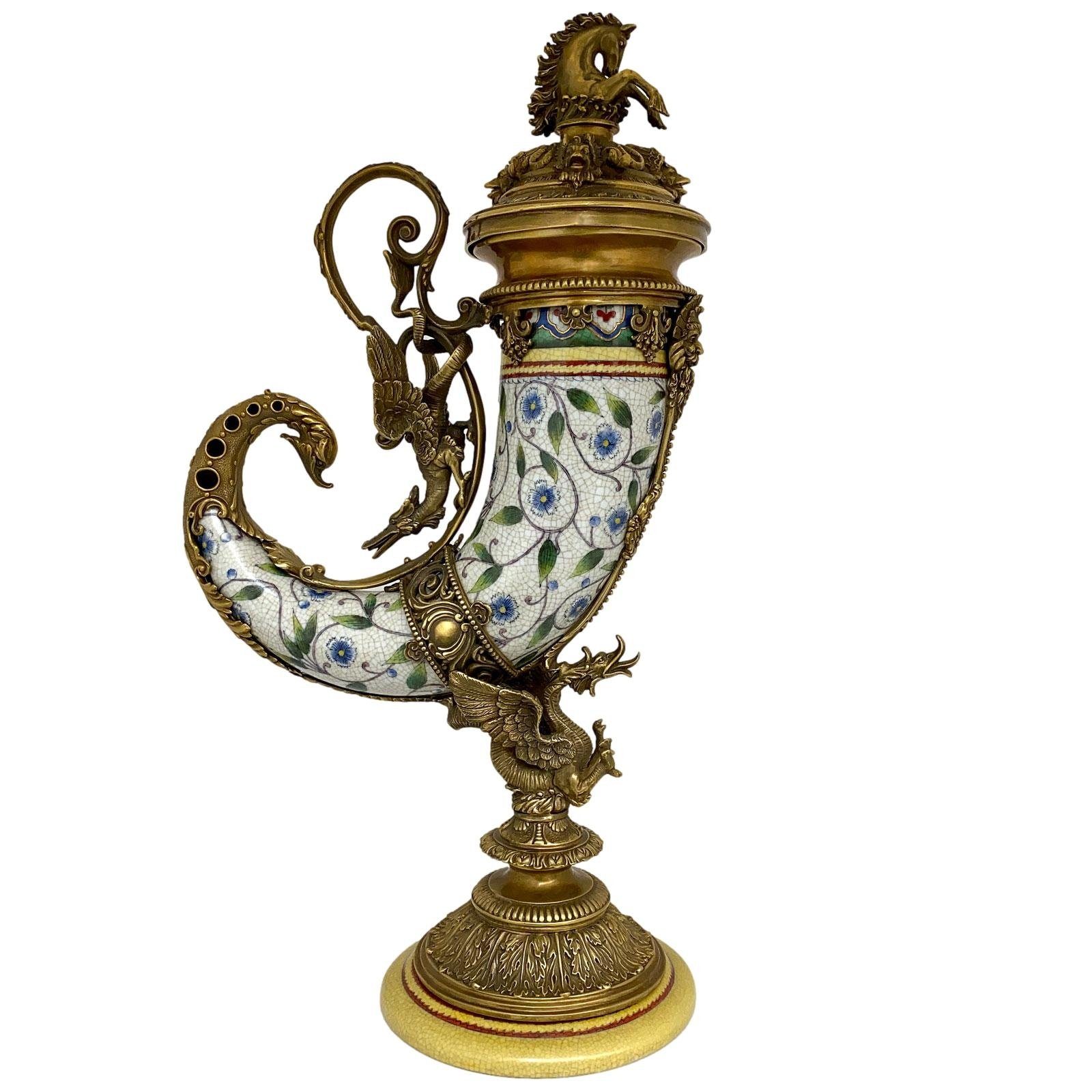 Dekoobjekt Füllhorn Porzellan Messing Horn Pferd Drache Blume Skulptur Antik-Stil