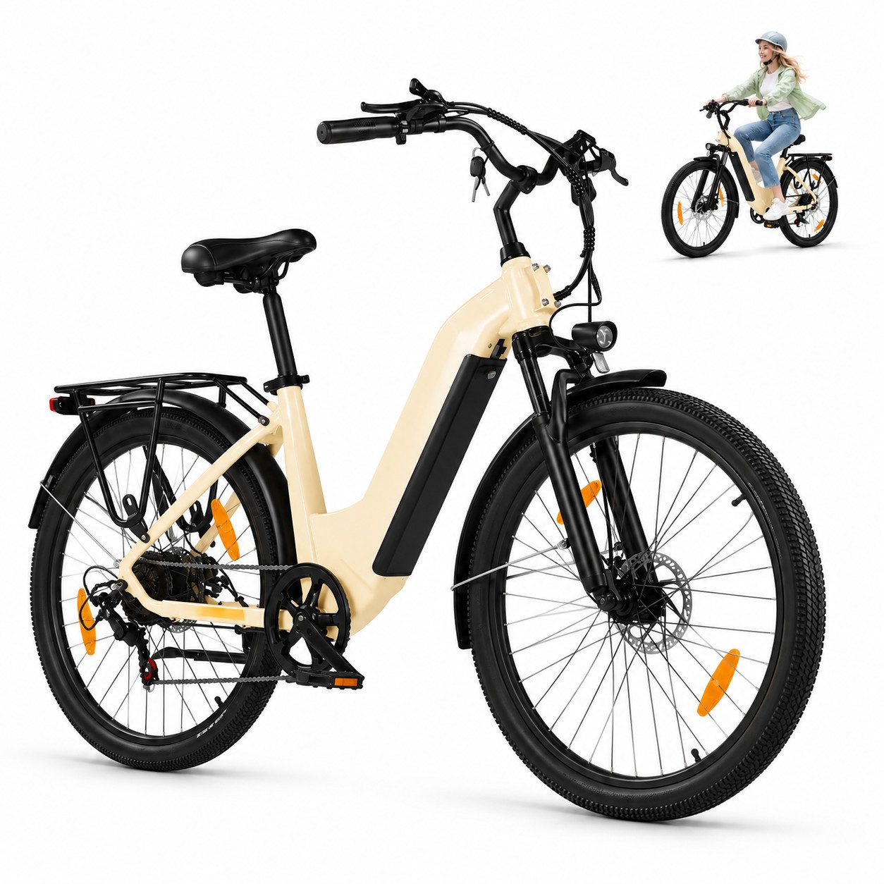 OOTD E-Bike City E-Bike 26", 36V 18,2Ah Akku, 250W Heckmotor, 655Wh, 7 Gang, 7 Gang Shimano Shimano 7-Gang Schaltwerk, Kettenschaltung, Heckmotor, 655 Wh, DrehmomentsensorFedergabel mit LockoutShimano 7-Gang-Schaltung