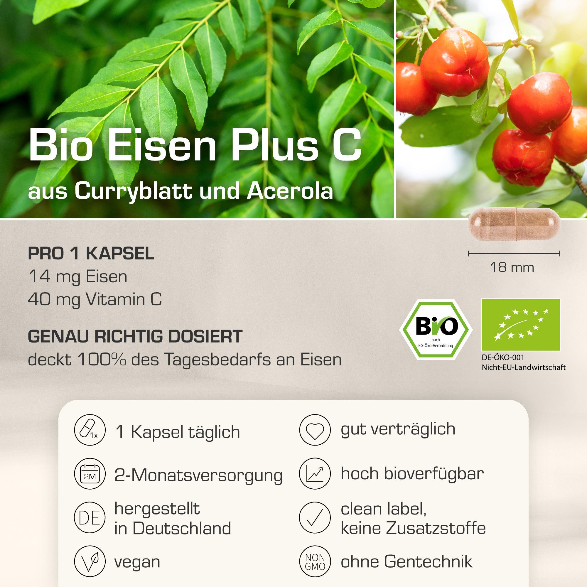 Purabyo BIO Eisen plus C - Eisen aus Bio Curryblatt mit Bio Acerola C, im Glas Kapseln, 60 St., 54 g