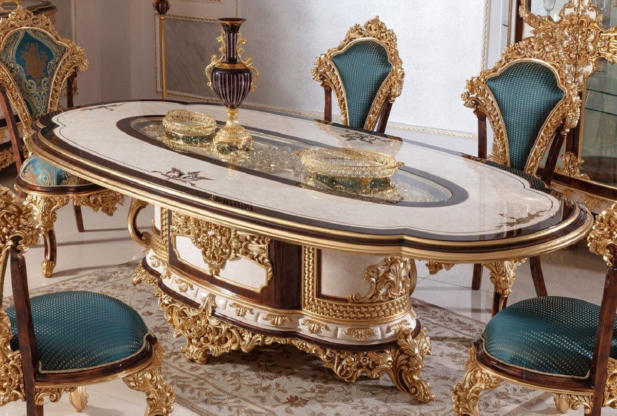 Braun Esszimmer Möbel - Barock Casa Barockstil Gold Esstisch Prunkvoll Prunkvoller im / Weiß / & Barock Padrino Massivholz Esszimmertisch Luxus Esstisch Edel - -