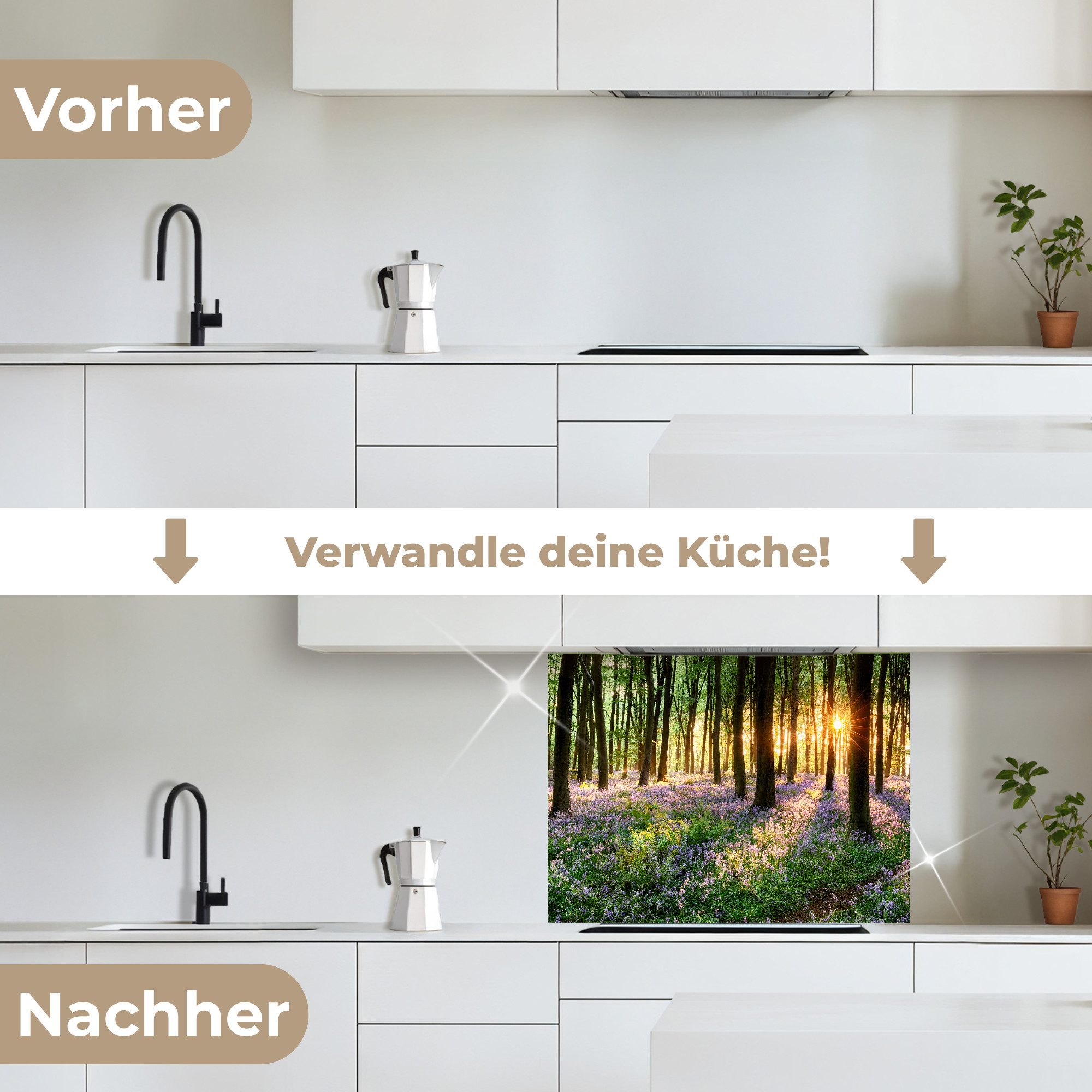 KitchenYeah Küchenrückwand selbstklebend Wald - Blumen - Lavendel - Sonne - Lila - Natur, (1-tlg), Spritzschutz, Küche, Rückwand, Küchenwand, Küchenfront, 80x60 cm