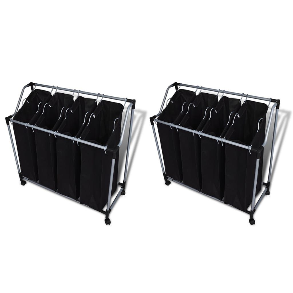 furnicato Wäschetruhe 2er Set Wäschesortierer mit Stahlrahmen 96 x 40 cm Schwarz (1 St), Mobiler Wäschewagen mit 8 Beuteln und Rollen für die Wäscherei