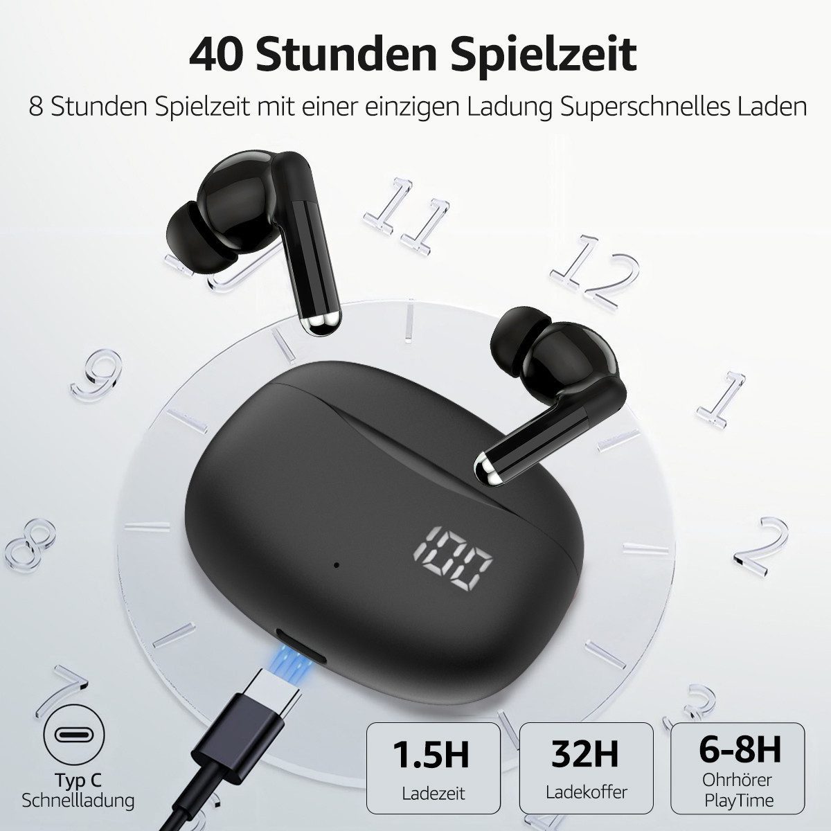 VSIUO 2026 TWS Stereo Earbuds Ohrhörer Sport Kopfhörer Bluetooth-Kopfhörer (HIFI In-Ear-Kopfhörer, Bluetooth, Bluetooth Kopfhörer Sport Kopfhörer für iPhone/Hua – Bild 5 von 5