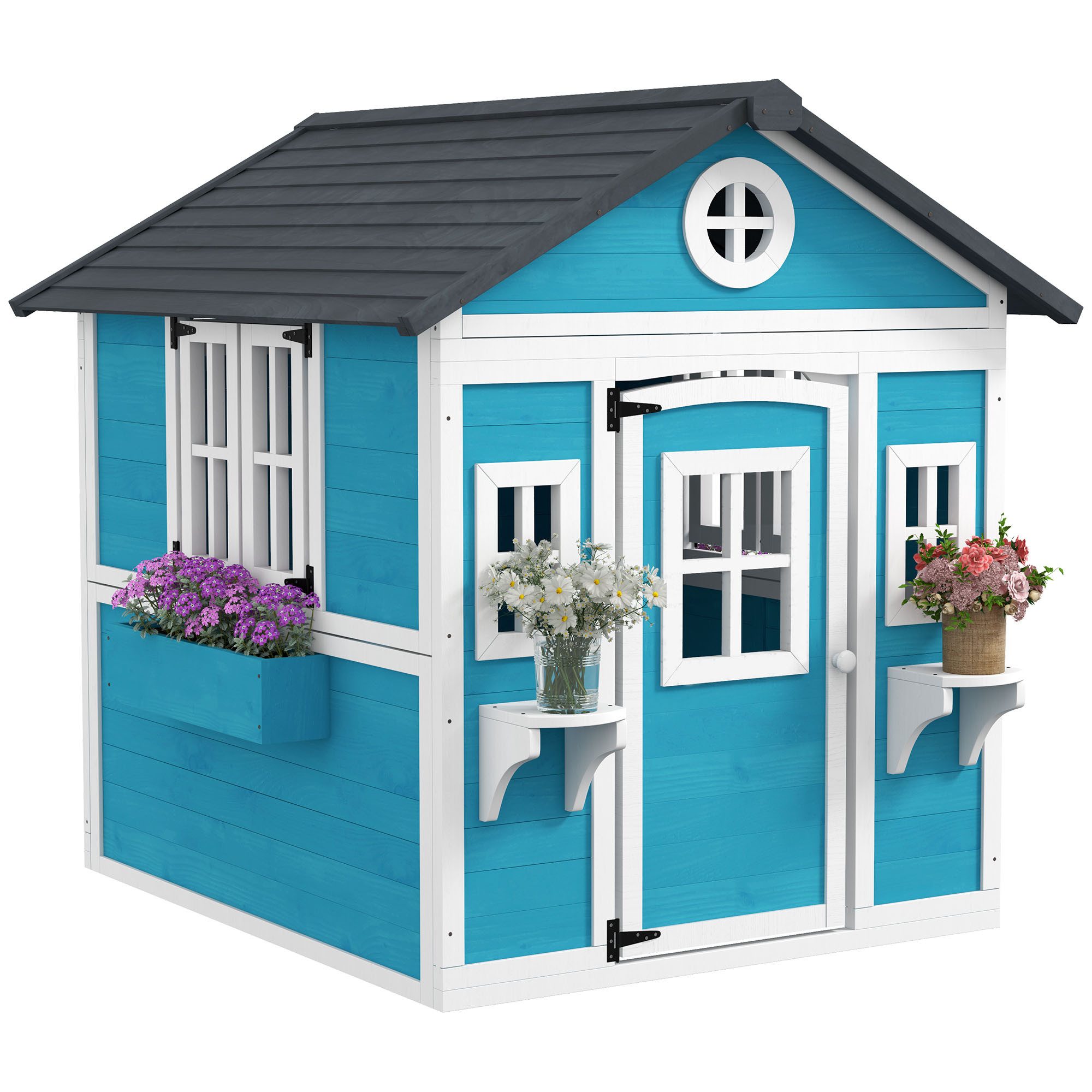 muvano Spielhaus Kinder Spielhaus aus Tannenholz mit Schrägdach – für 3-8 Jahre, inkl. Blumenkasten & Topfhalter, Indoor & Outdoor