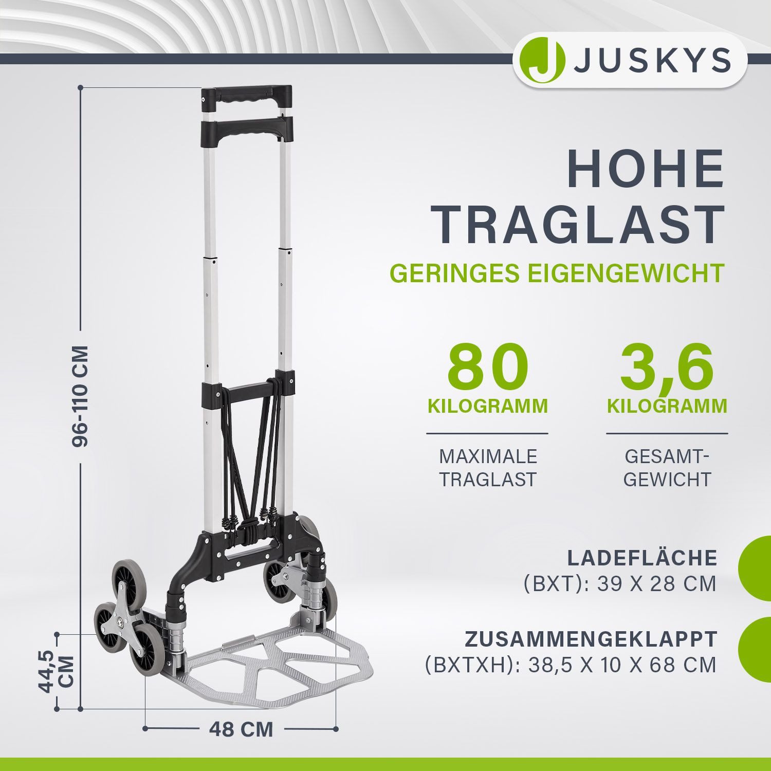 Juskys Treppensackkarre, Alu, bis 80 kg belastbar, klappbar, für Treppen, mit Seilen