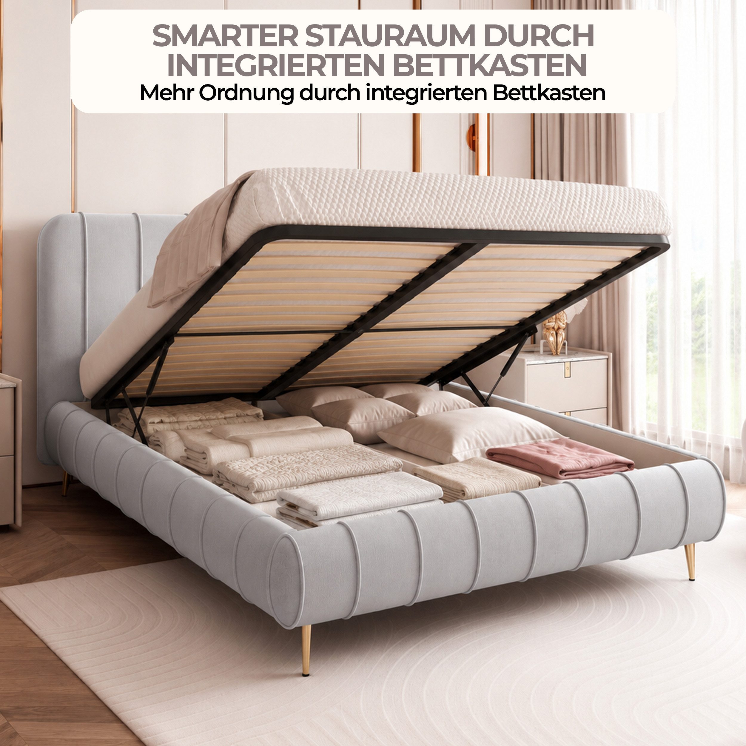 Goldstoff Polsterbett Elegantes Stoffbett "FIRENZE" mit hohem Kopfteil und großem Bettkasten (120–200x200 cm, Kopfteilhöhe 70/100 cm, Seitenhöhe: 25/40 cm), Komfortables Stoffbett mit Stauraum und verstellbarem Kopfteil