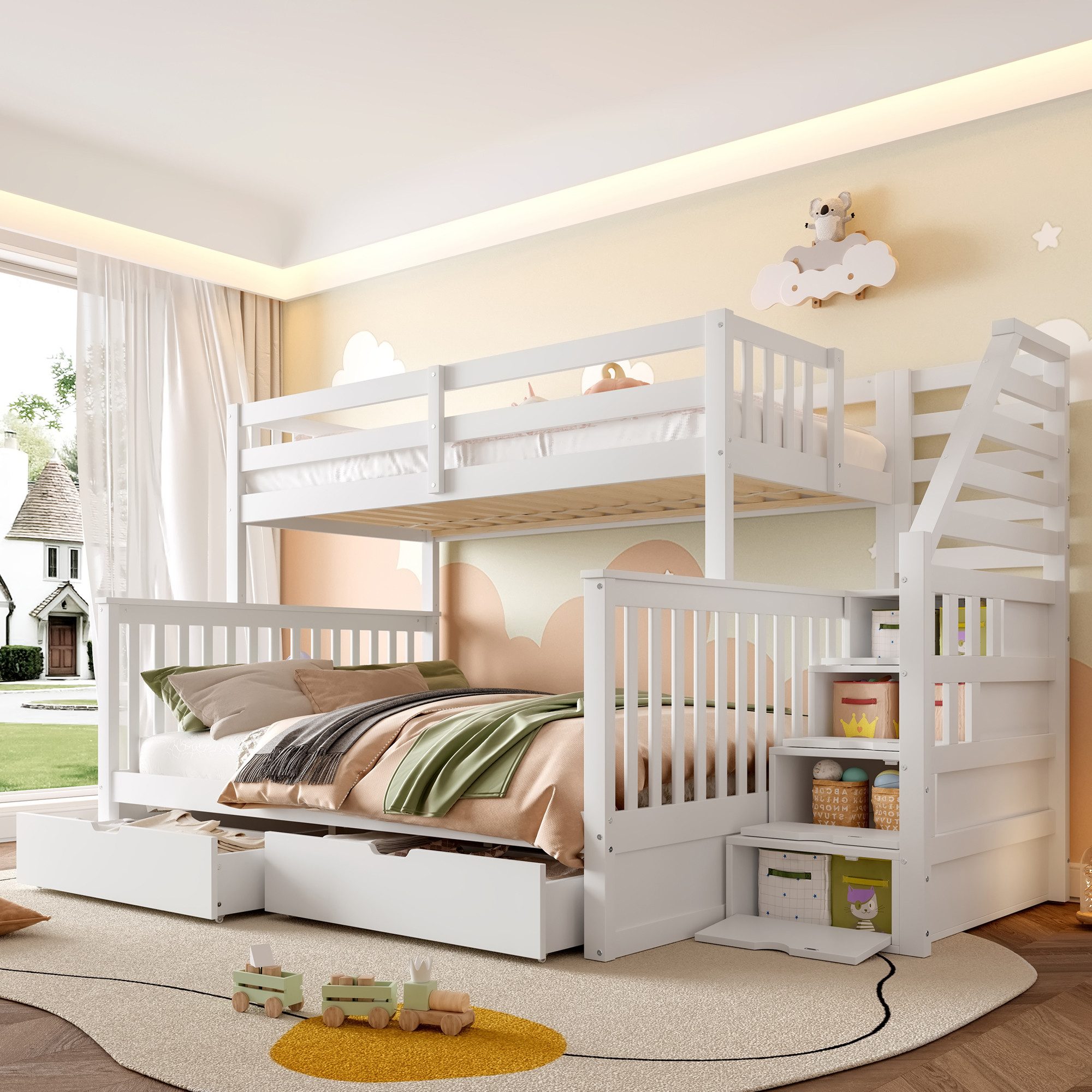 Flieks Etagenbett, Kiefer Kinderbett mit Stauraumtreppe und Schubladen 90x2 günstig online kaufen